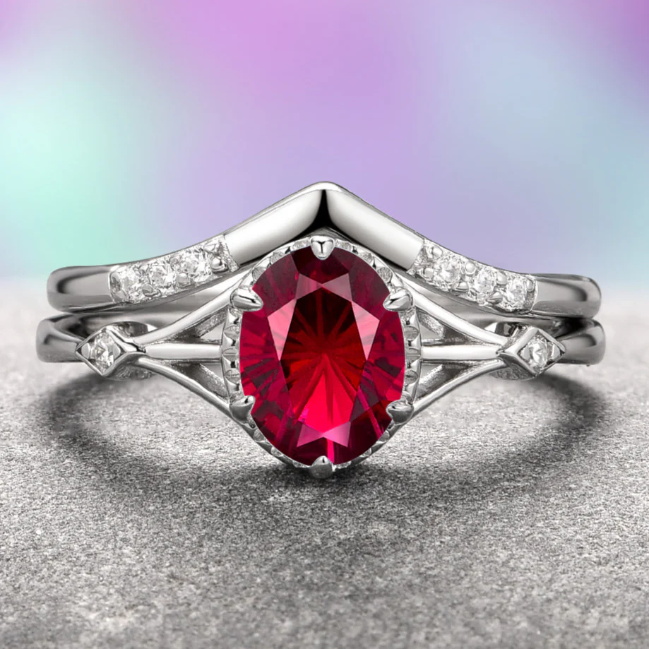 Celtic Ruby Ring Set- 14K White Gold (Two Piece)