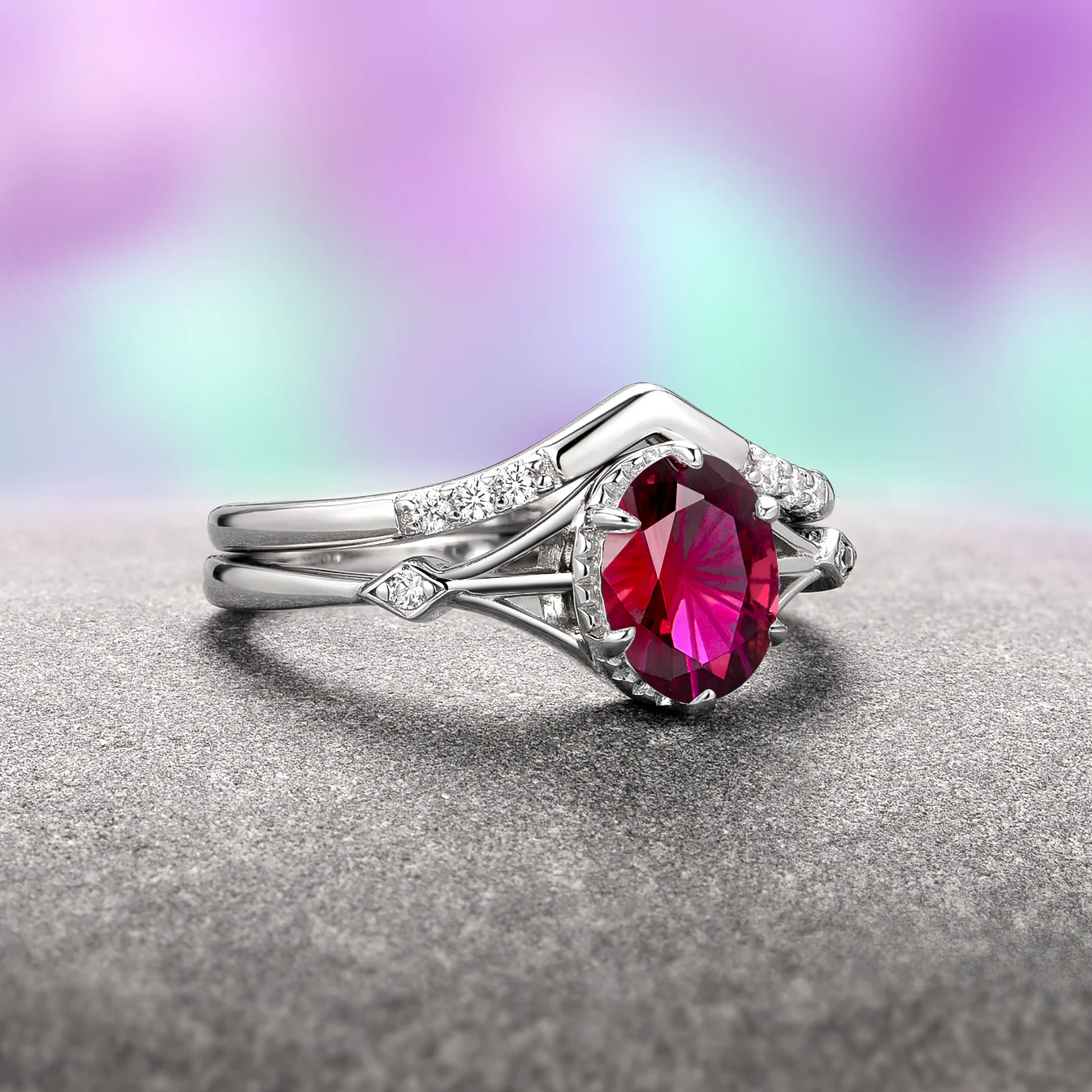 Celtic Ruby Ring Set- 14K White Gold (Two Piece) - Image 3