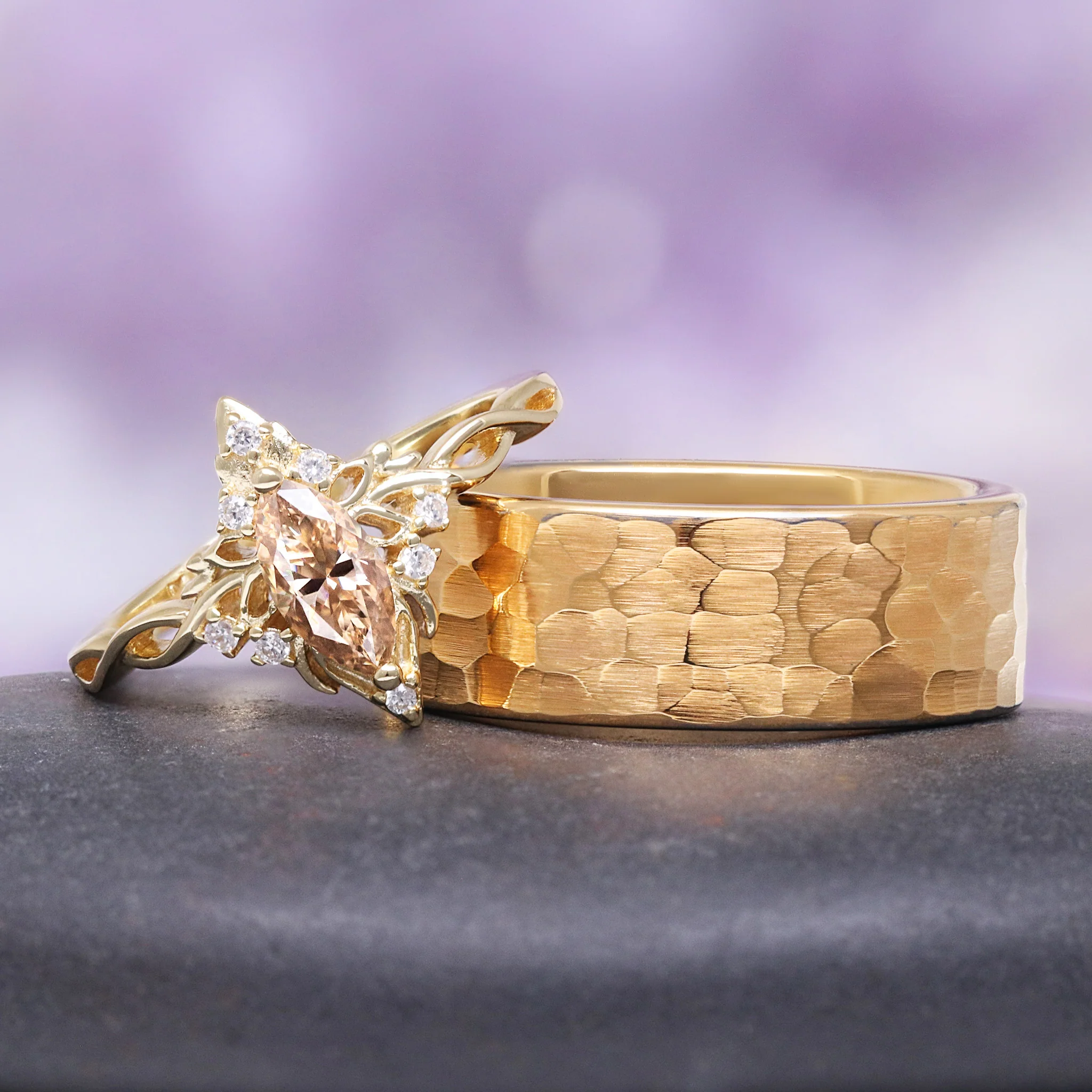 Champagne Moissanite Lotus Couples Ring Set