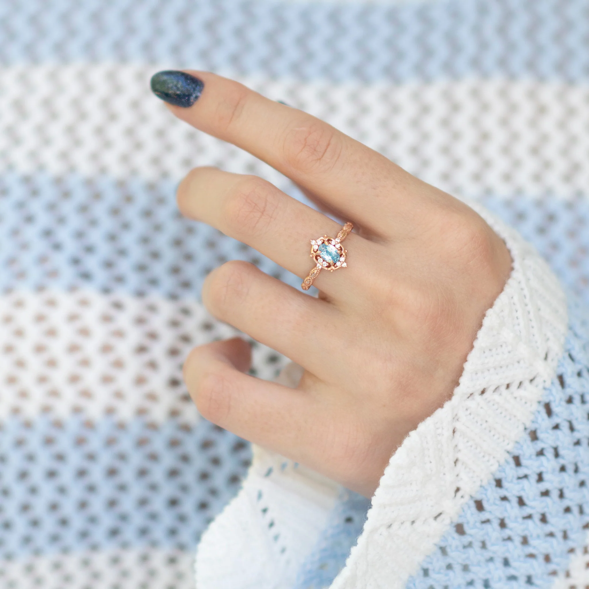 Vintage Aquamarine Ring in 14K Solid Rose Gold - Image 2