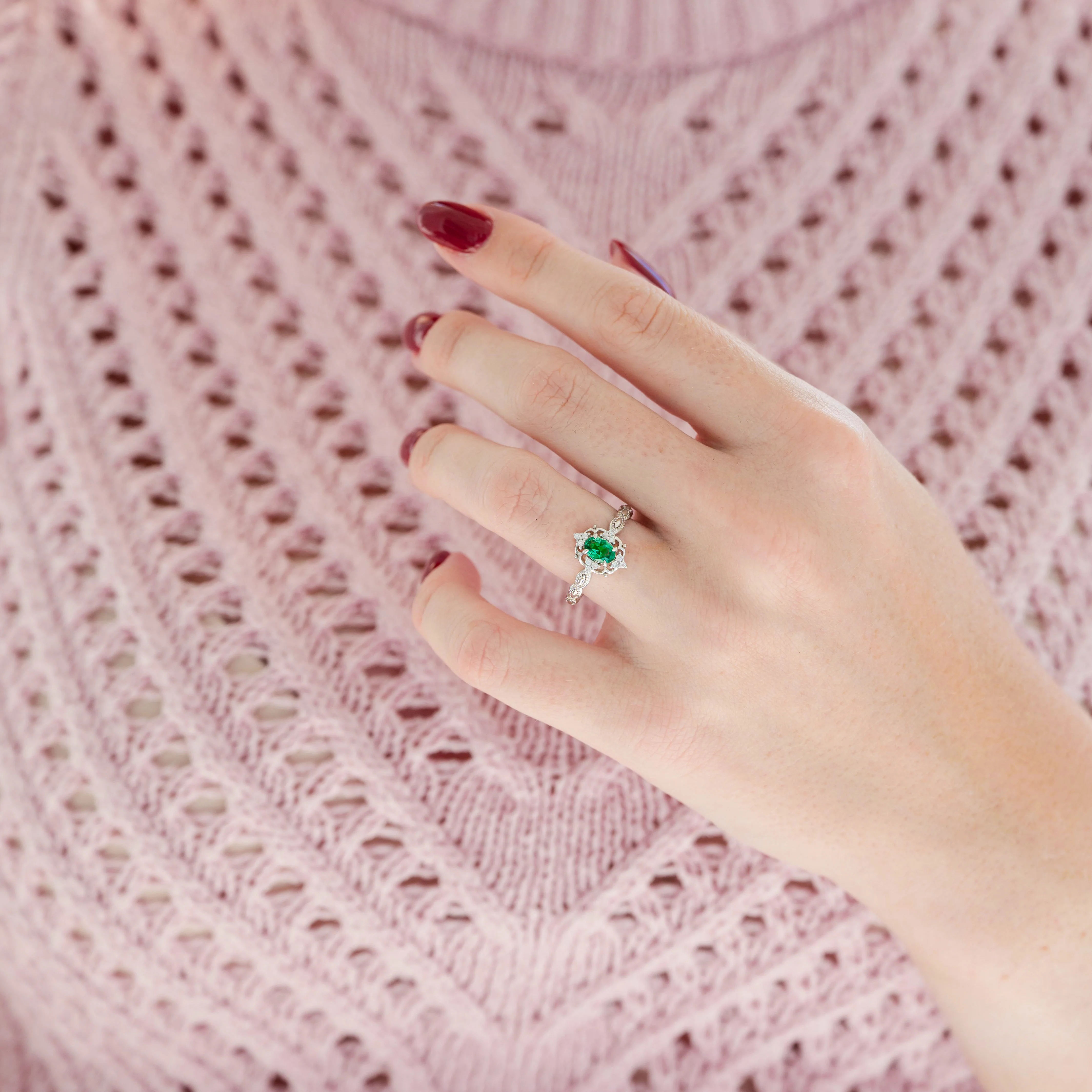 Vintage Emerald Engagement Ring in 14K White Gold - Image 2