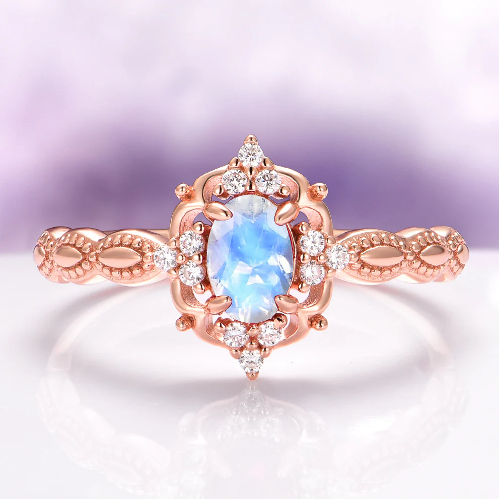 Vintage Natural Moonstone Engagement Ring in 14K Solid Rose Gold