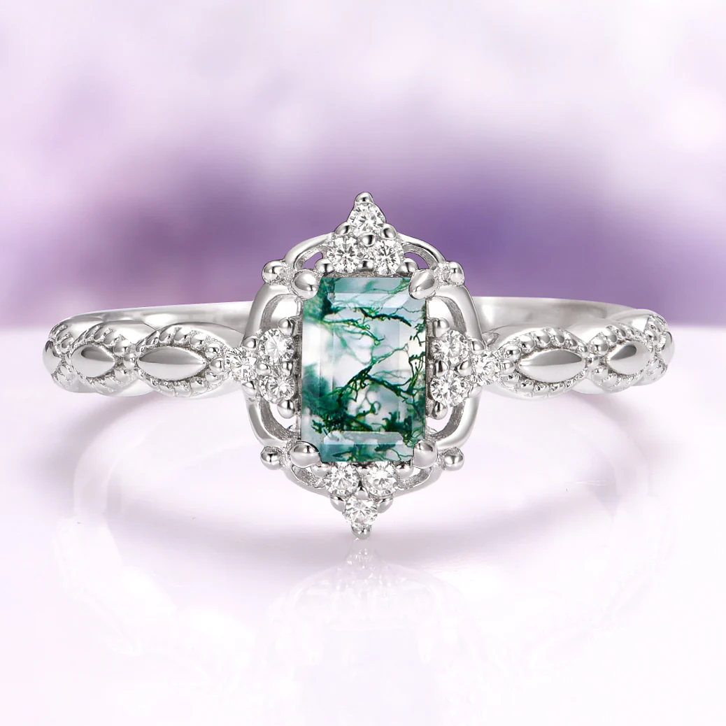Green Moss Agate Engagement Ring in 14K White Gold