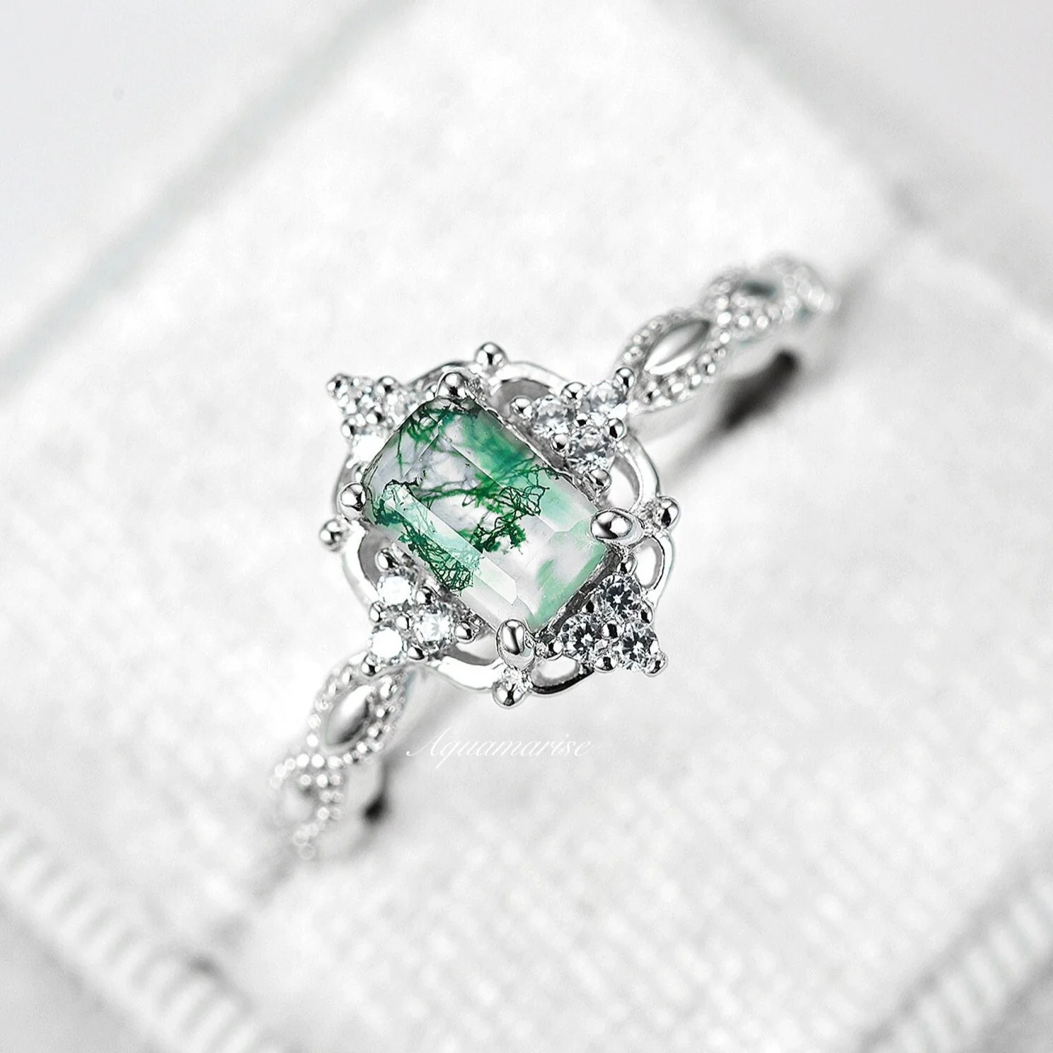 Green Moss Agate Engagement Ring in 14K White Gold - Image 2