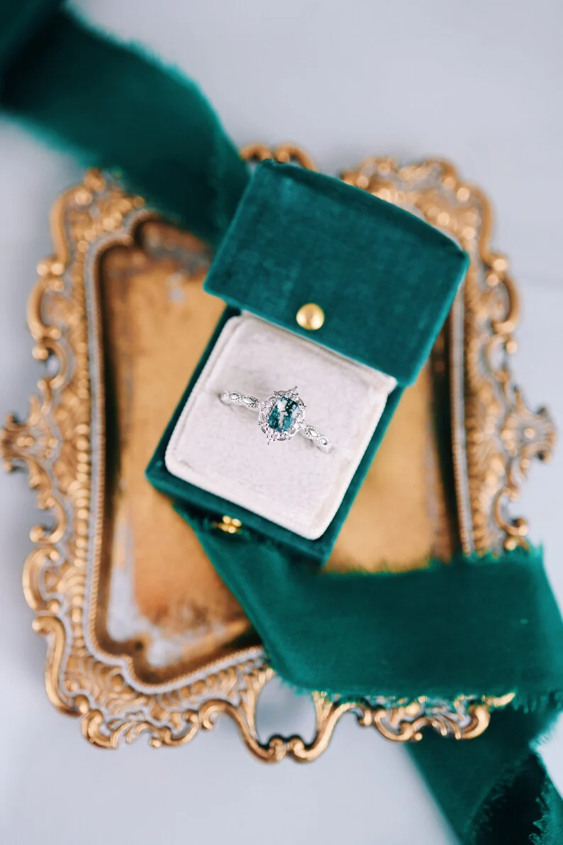Green Moss Agate Engagement Ring in 14K White Gold - Image 3