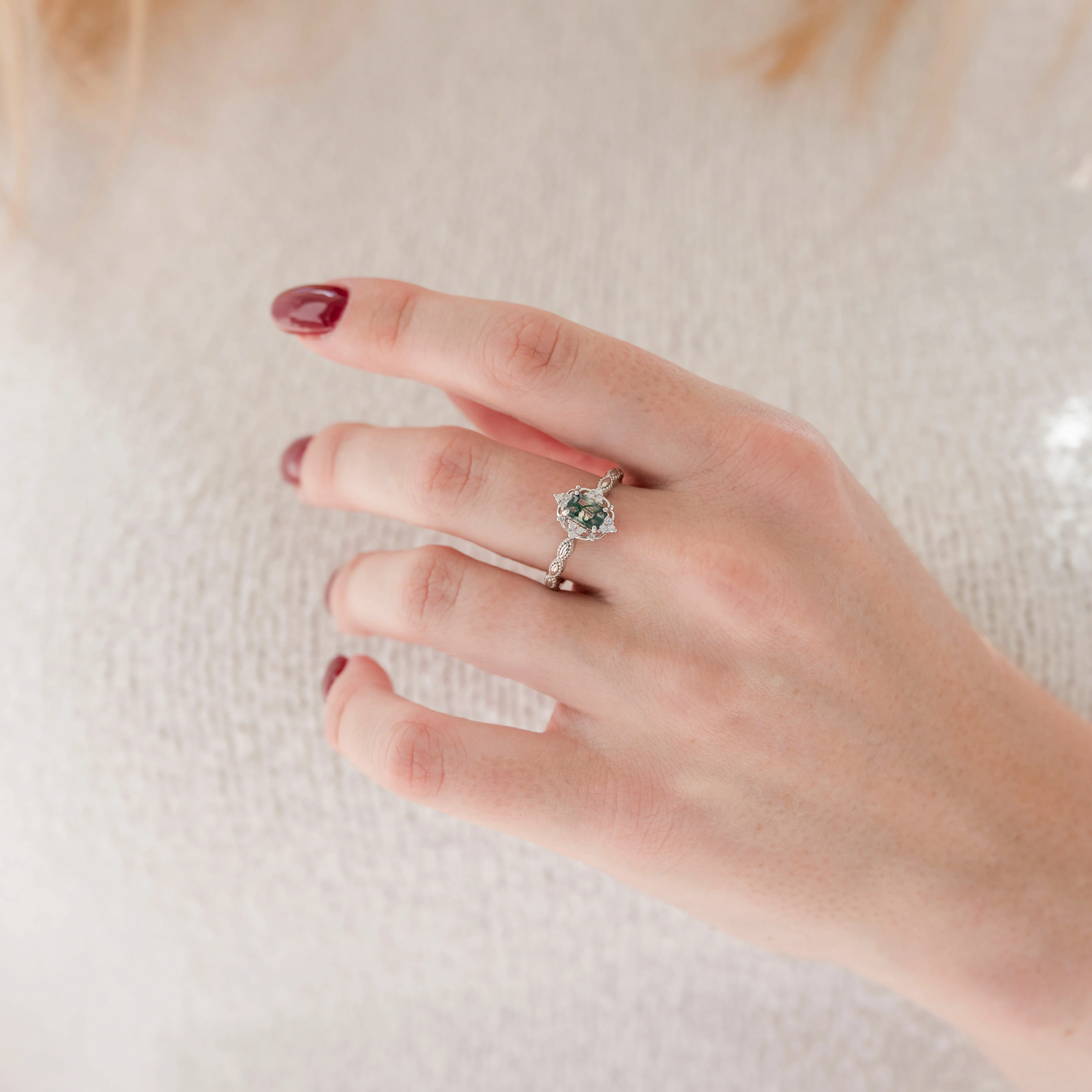 Green Moss Agate Engagement Ring in 14K White Gold - Image 6
