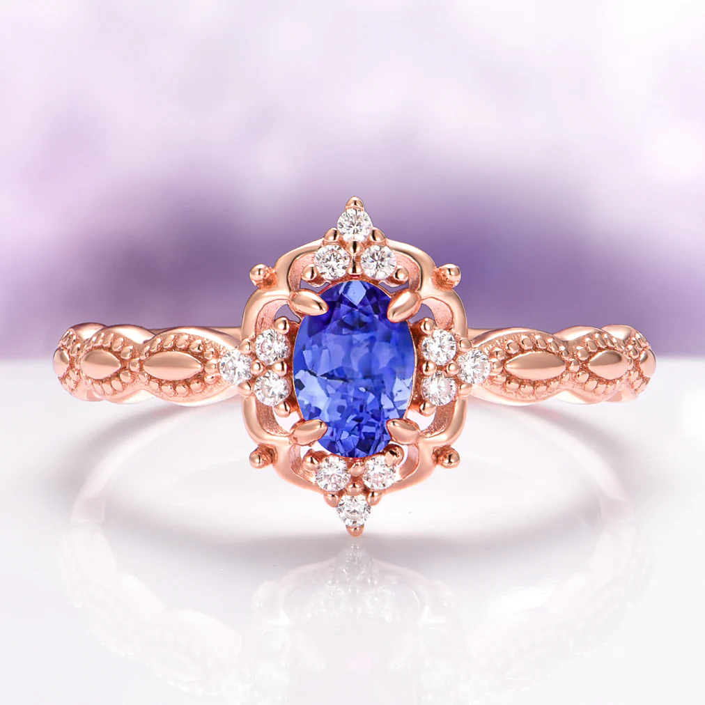 Vintage Natural Tanzanite Engagement Ring in 14K Solid Rose Gold