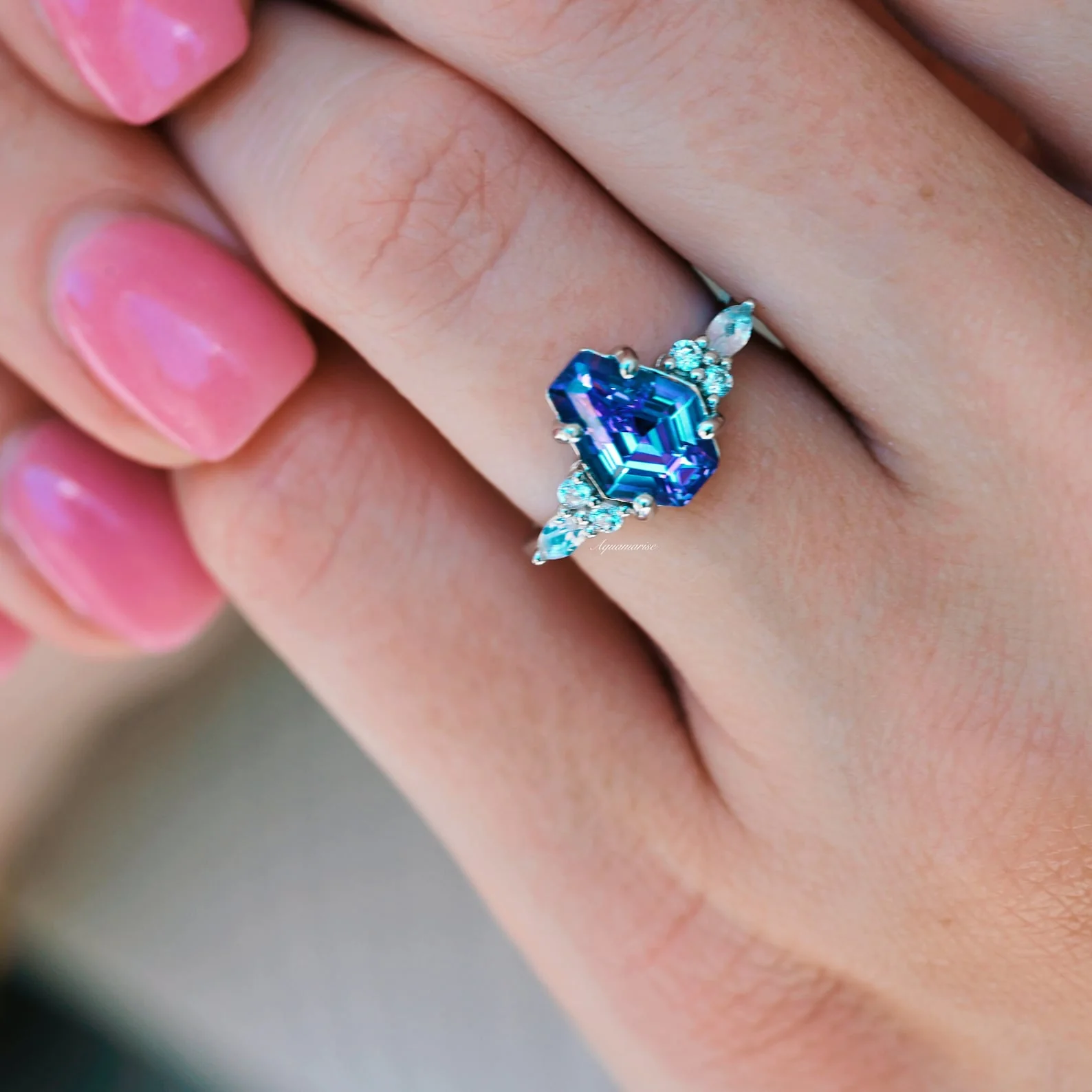 Coffin Cut Alexandrite & Moonstone Ring- 14K White Gold - Image 2
