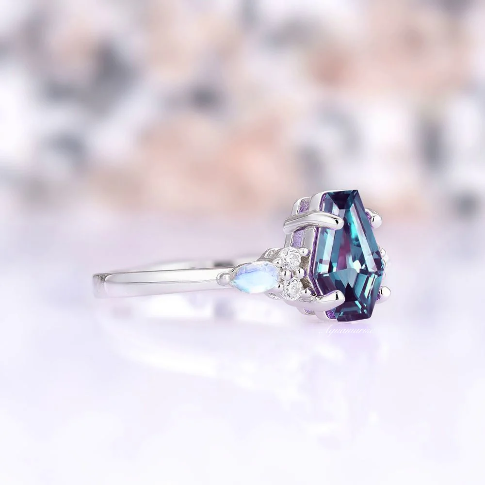 Coffin Cut Alexandrite & Moonstone Ring- 14K White Gold - Image 4