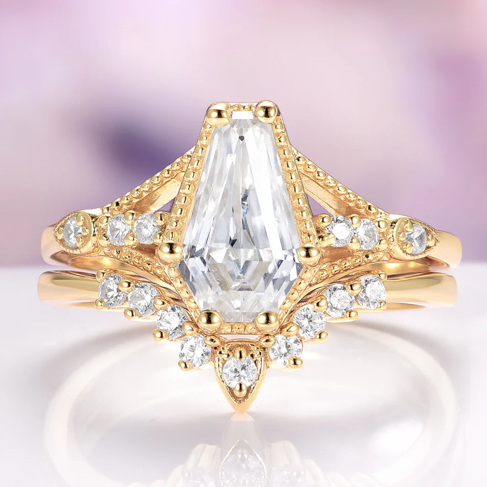 Coffin Cut Moissanite Bridal Set in Solid 14K Yellow Gold
