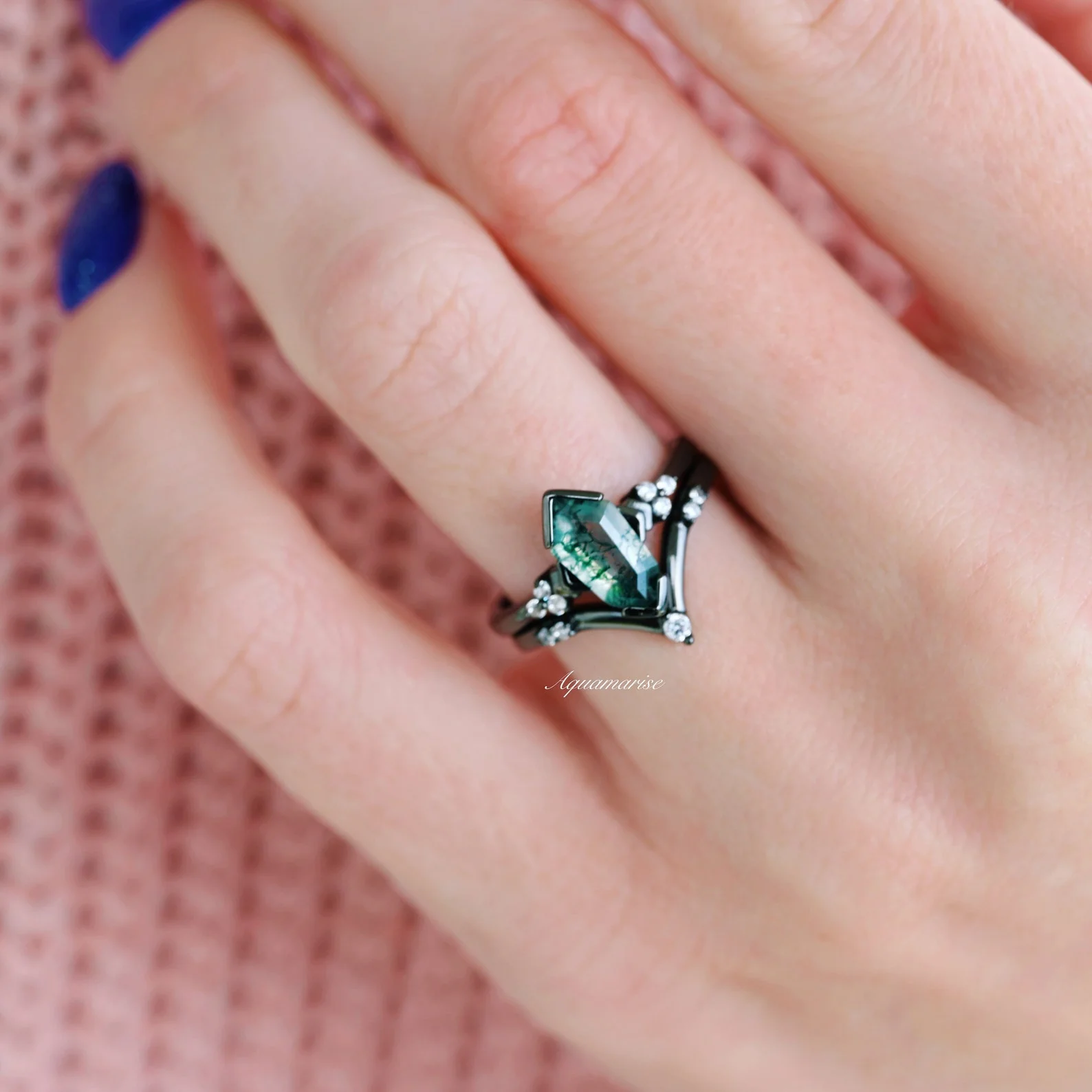 Hexagon Coffin Green Moss Agate Engagement Ring Set in Black Ruthenium - Image 4