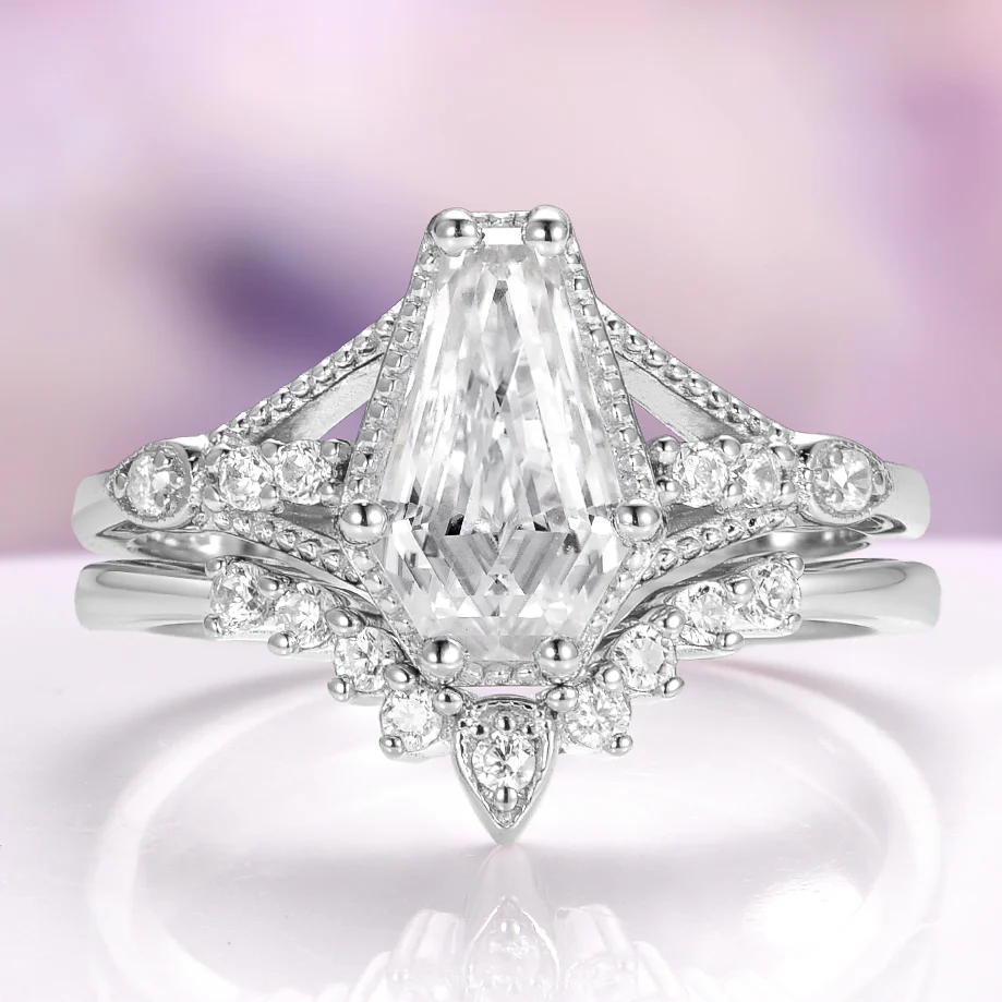 Coffin Cut Moissanite Bridal Set in 14K White Gold