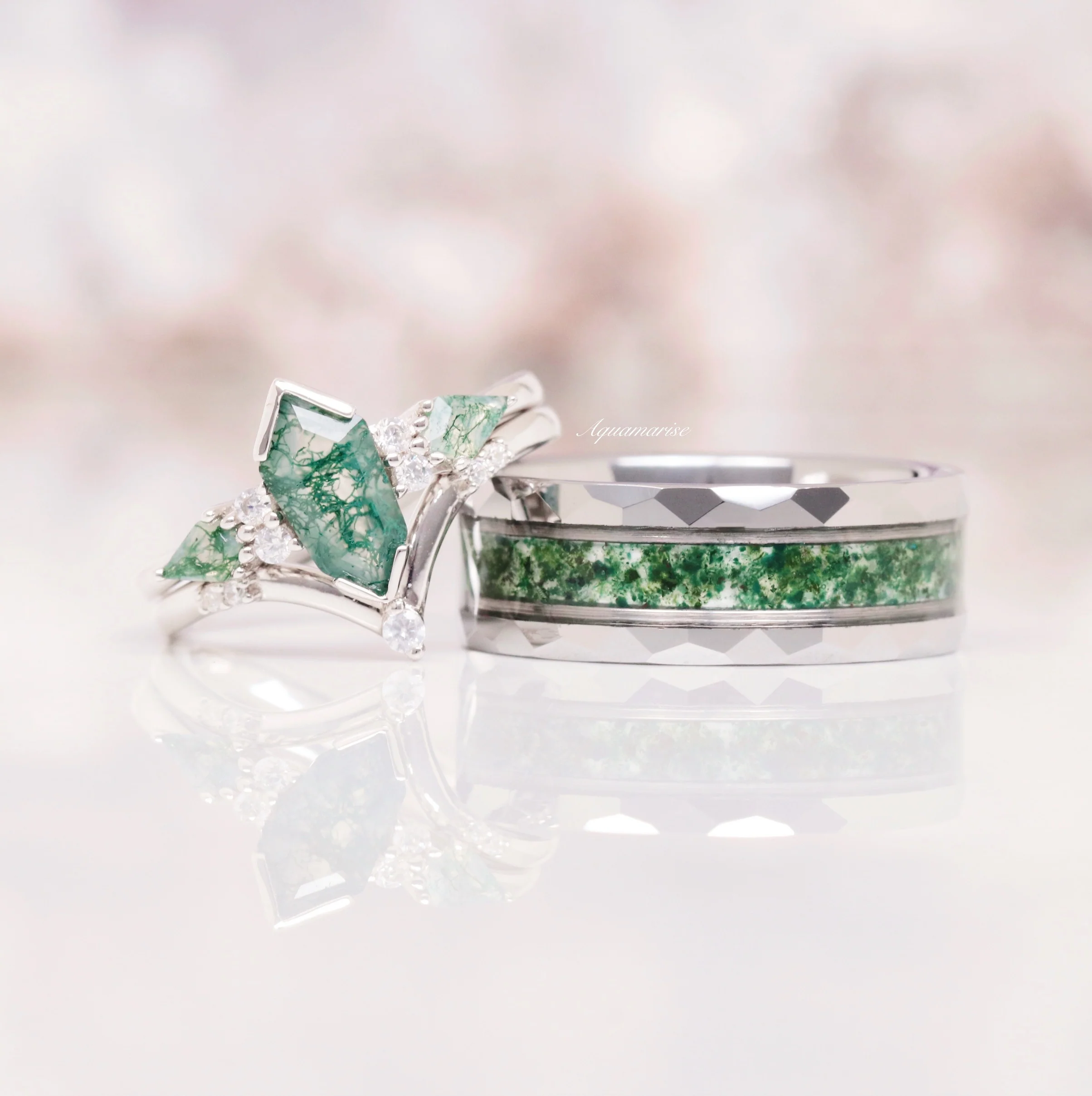 Hexagon Coffin Green Moss Agate Couples Ring Set - Image 10