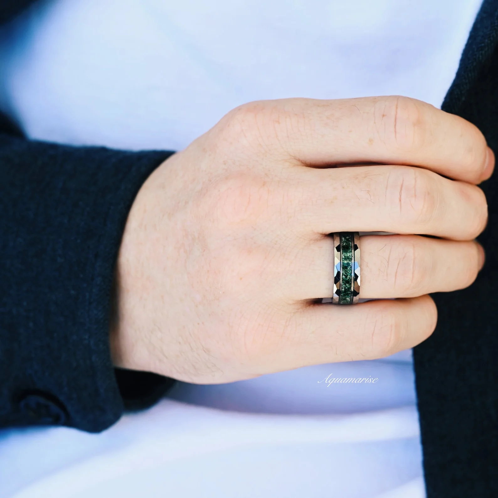 Hexagon Coffin Green Moss Agate Couples Ring Set - Image 5