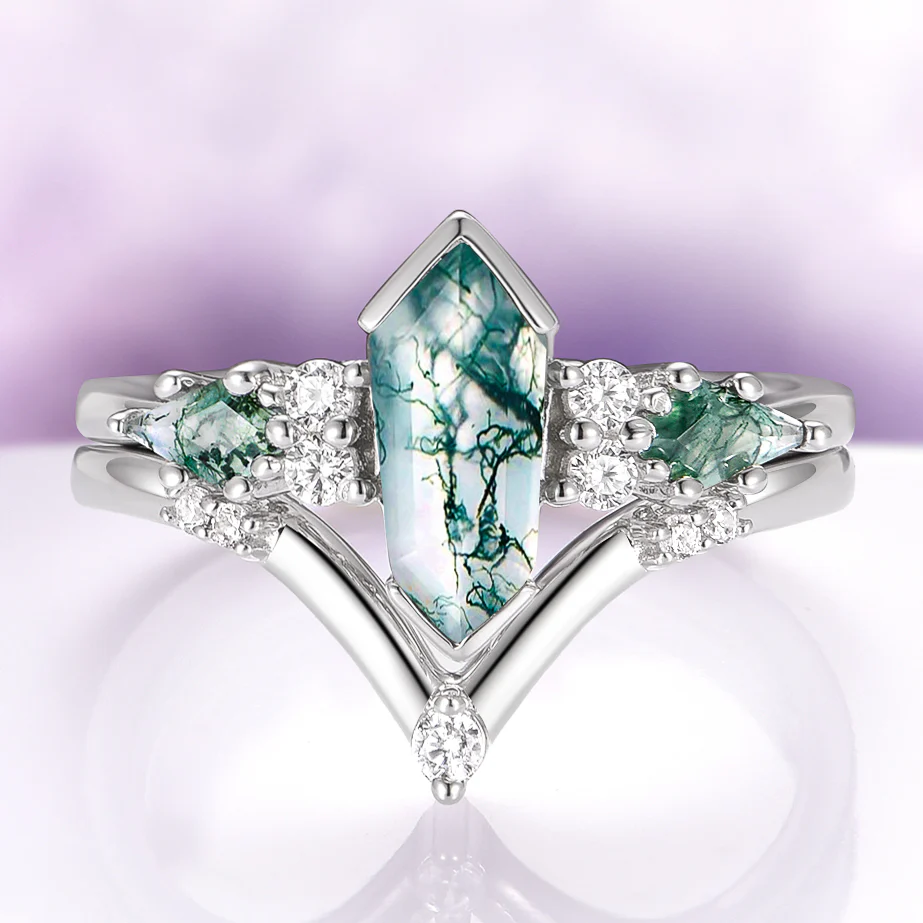 Hexagon Coffin Green Moss Agate Engagement Ring Set in 14K White Gold
