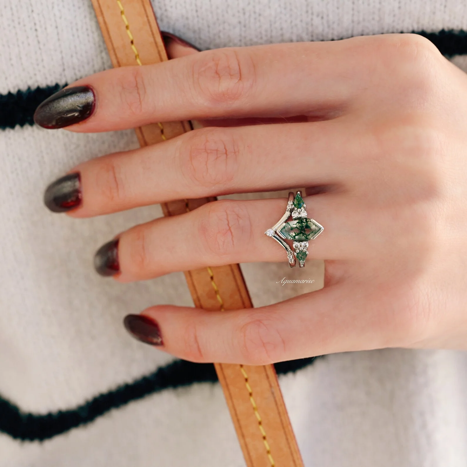 Hexagon Coffin Green Moss Agate Engagement Ring Set in 14K White Gold - Image 2