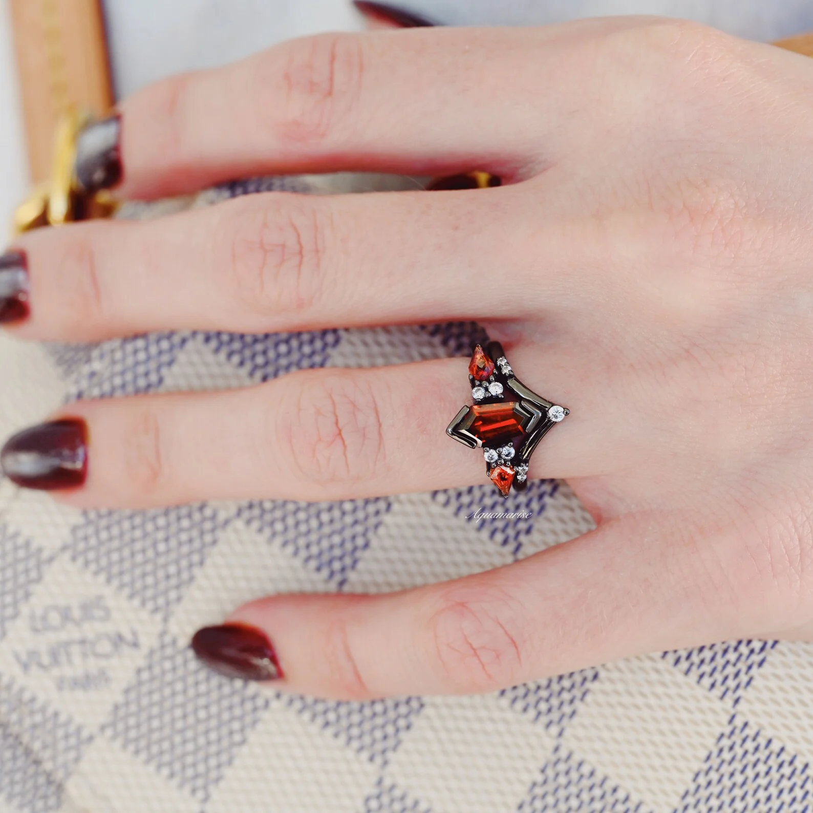 Coffin Kite Natural Red Garnet Ring Set- Black Rhodium Filled - Image 3