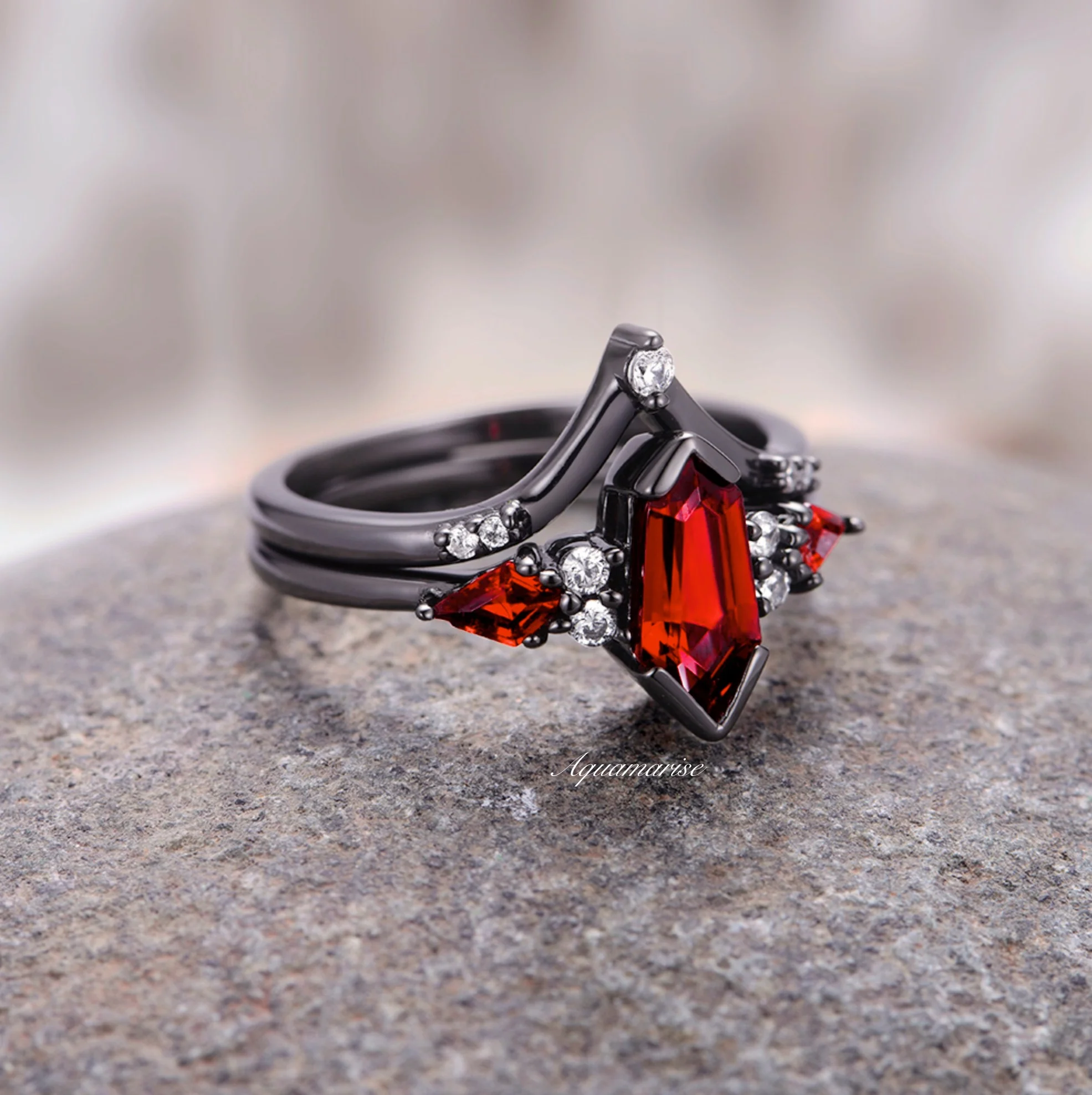 Coffin Kite Natural Red Garnet Ring Set- Black Rhodium Filled - Image 6
