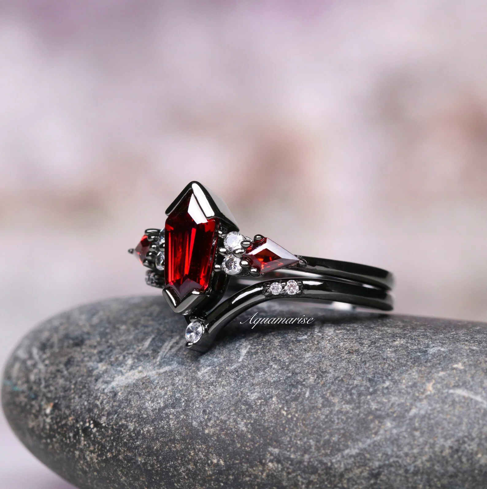 Coffin Kite Natural Red Garnet Ring Set- Black Rhodium Filled - Image 7