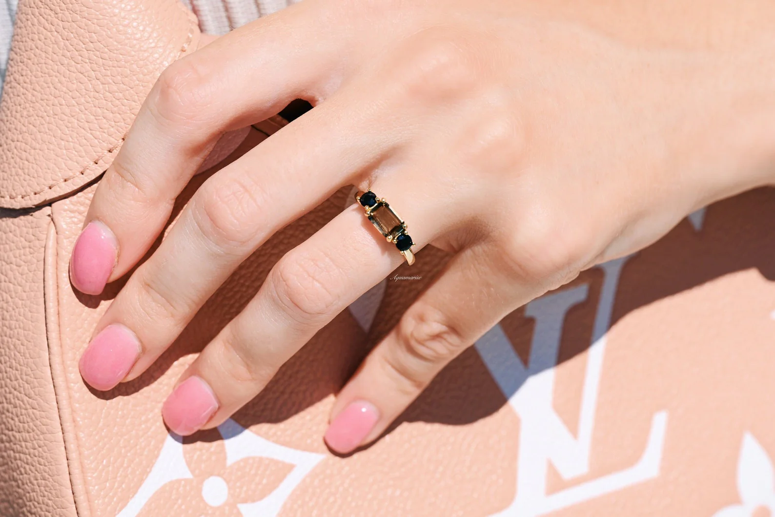 Brown Champagne Moissanite & Black Onyx Engagement Ring in 14K Solid Yellow Gold - Image 2