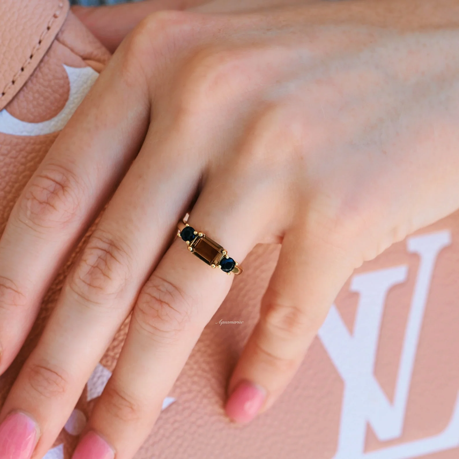 Brown Champagne Moissanite & Black Onyx Engagement Ring in 14K Solid Yellow Gold - Image 4