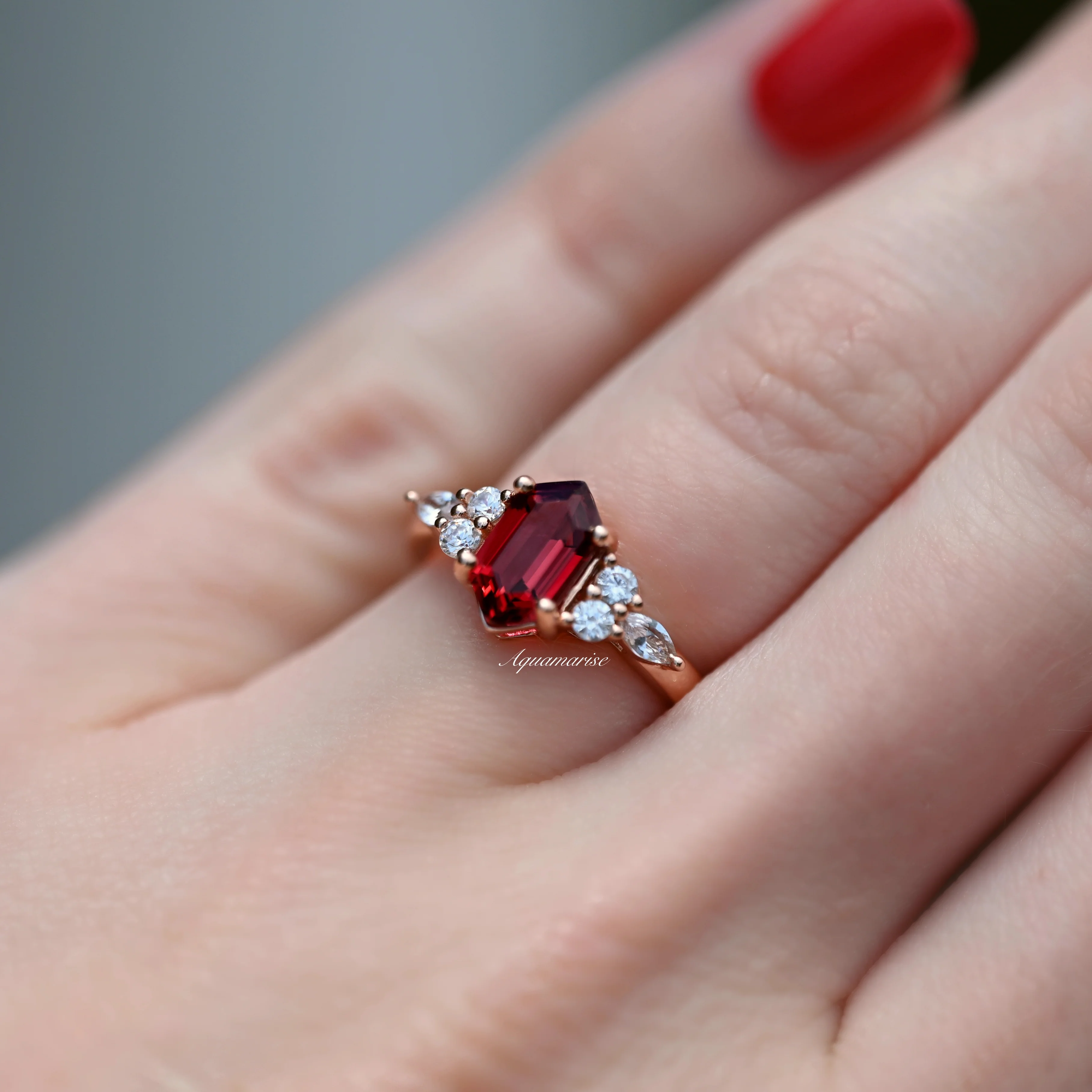 Sonnet Hexagon Ruby Ring- 14K Rose Gold Vermeil - Image 3