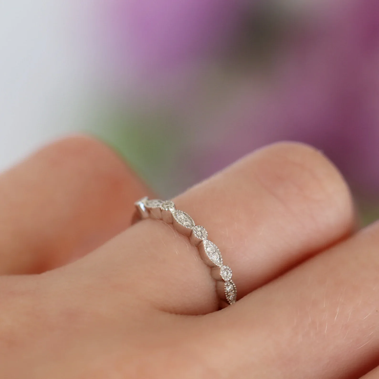 Vintage Milgrain Diamond Wedding Band in 14K White Gold - Image 3