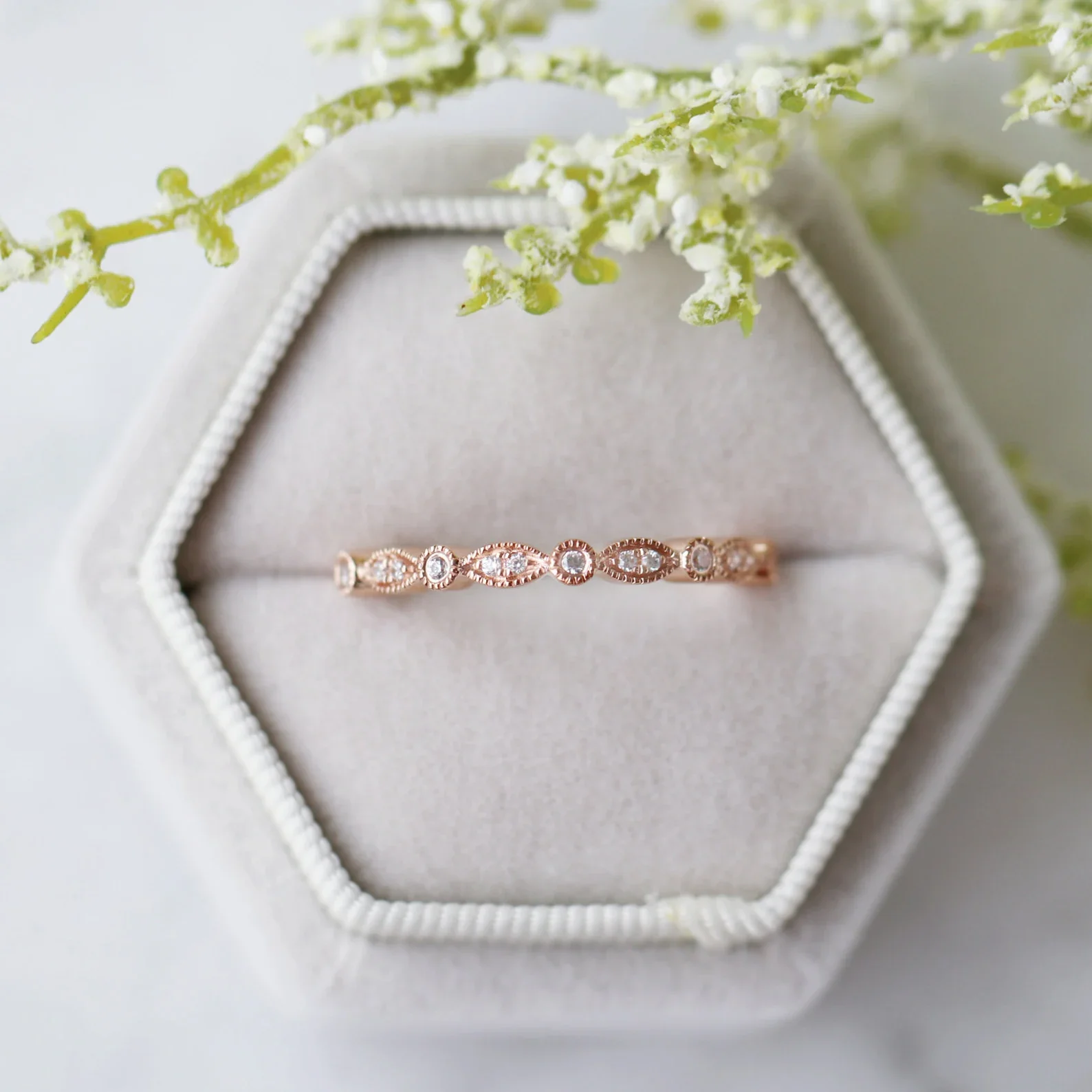 Vintage Inspired Diamond Wedding Band in Solid 14K Rose Gold - Image 3