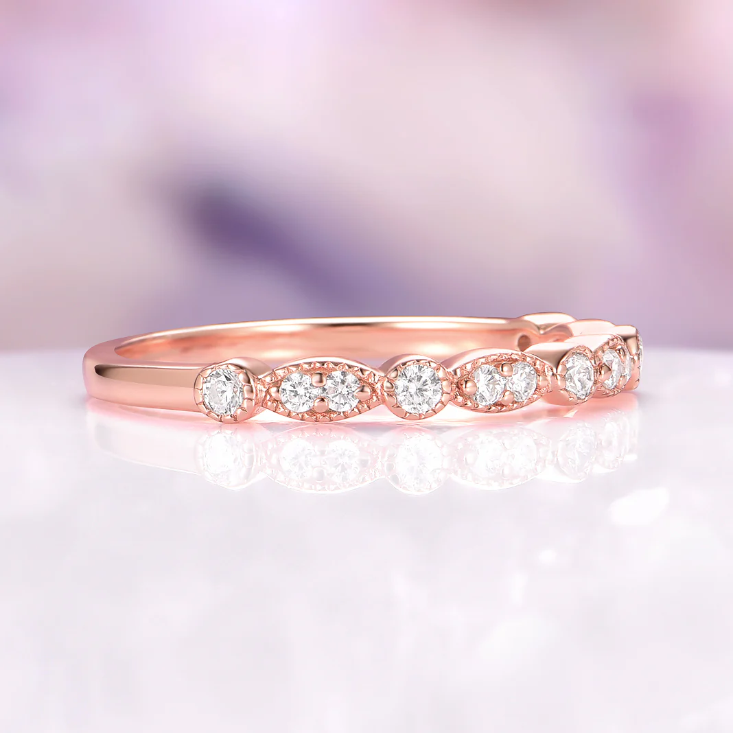 Vintage Inspired Diamond Wedding Band in Solid 14K Rose Gold - Image 4