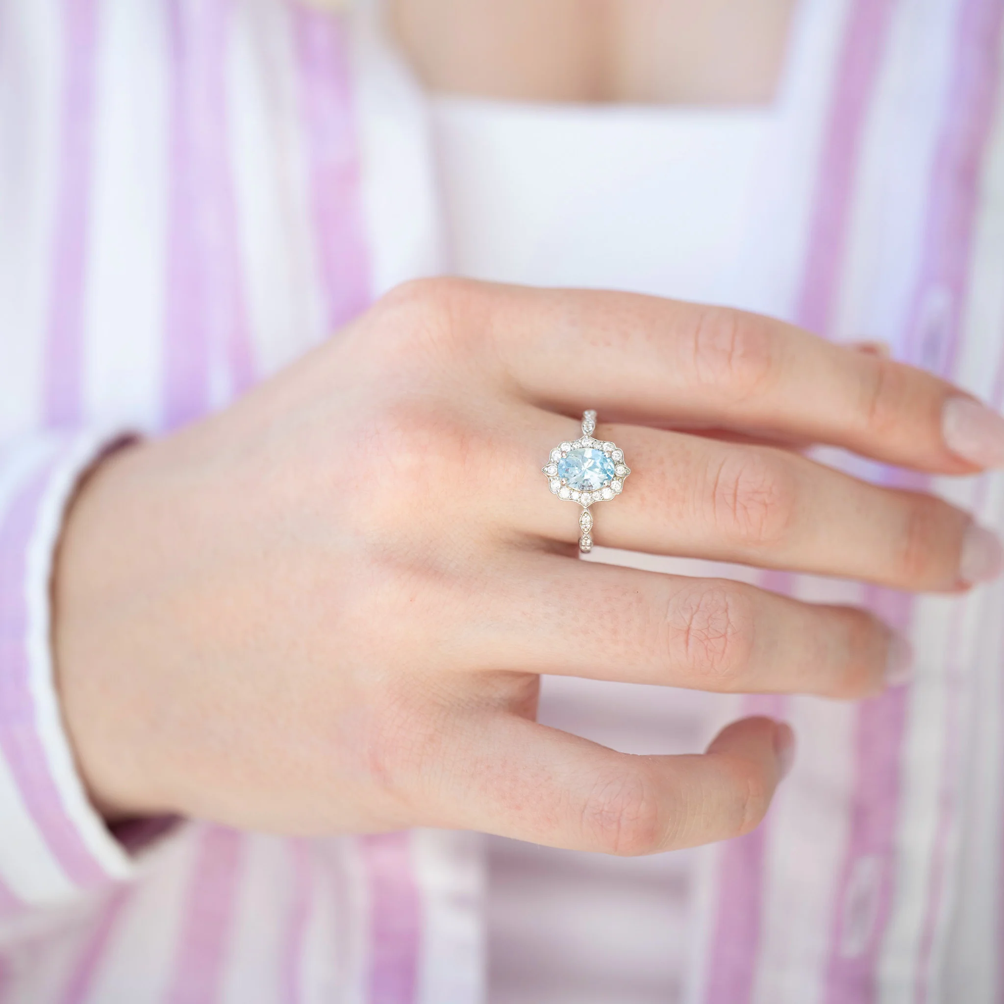 Cordelia Oval Cut Aquamarine Engagement Ring in 14K White Gold - Image 2
