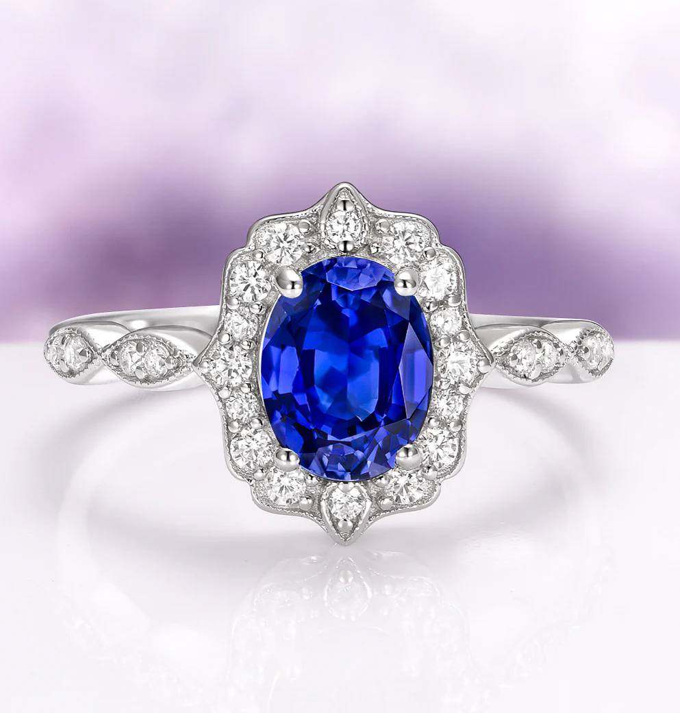 Cordelia Oval Cut Blue Sapphire Engagement Ring in 14K White Gold