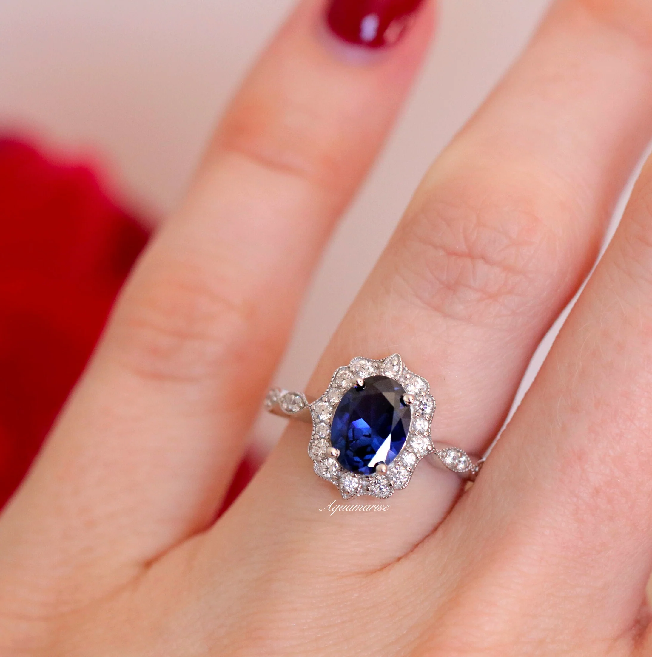 Cordelia Oval Cut Blue Sapphire Engagement Ring in 14K White Gold - Image 3