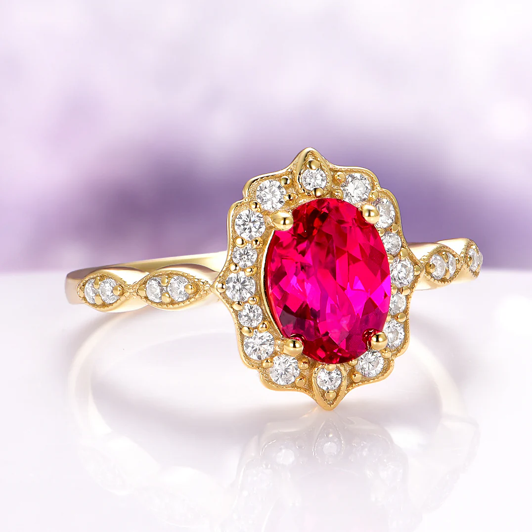 Cordelia Oval Cut Art Deco Ruby Engagement Ring in 14K Solid Yellow Gold - Image 4
