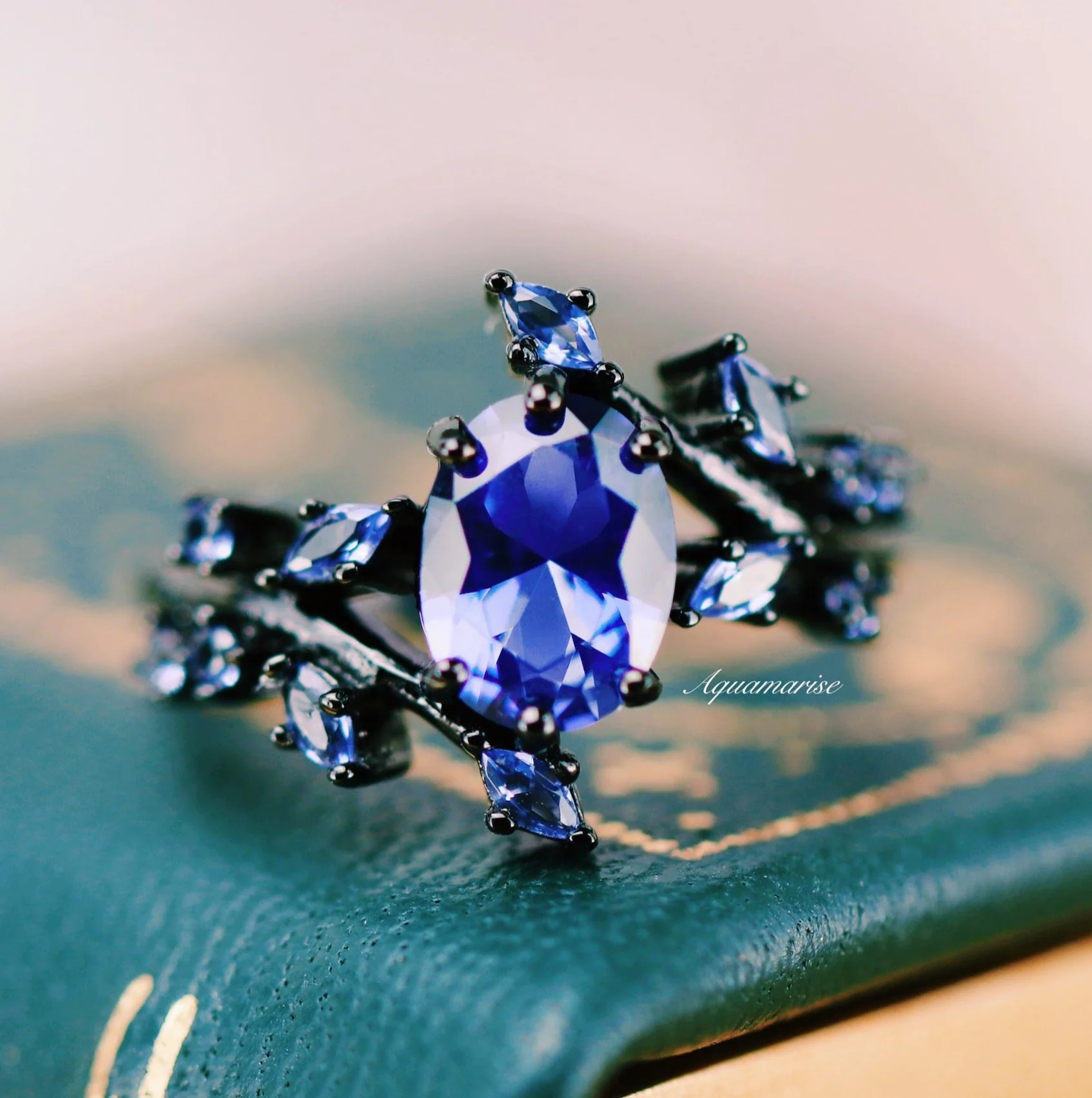Cornflower Blue Sapphire Leaf Engagement Ring in Black Ruthenium