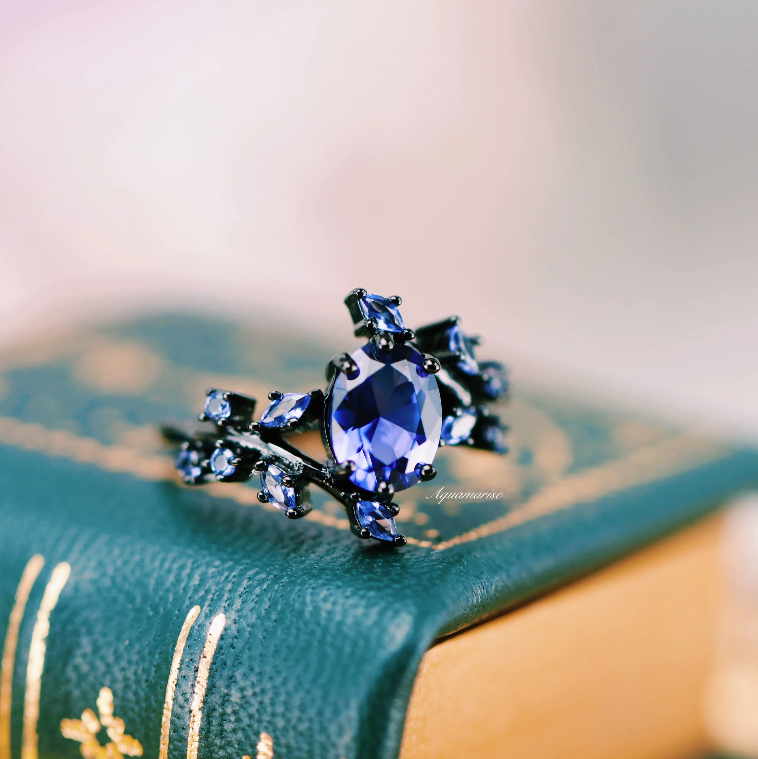 Cornflower Blue Sapphire Leaf Engagement Ring in Black Ruthenium - Image 5