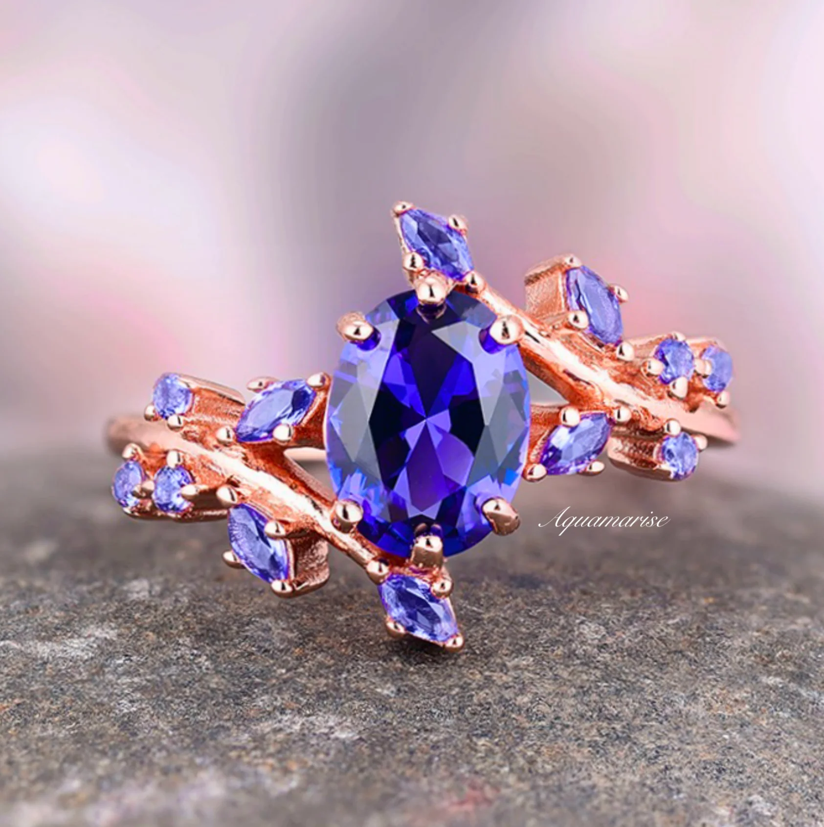 Lab-Grown Oval Cut Cornflower Sapphire Leaf Engagement Ring in 14K Solid Rose Gold