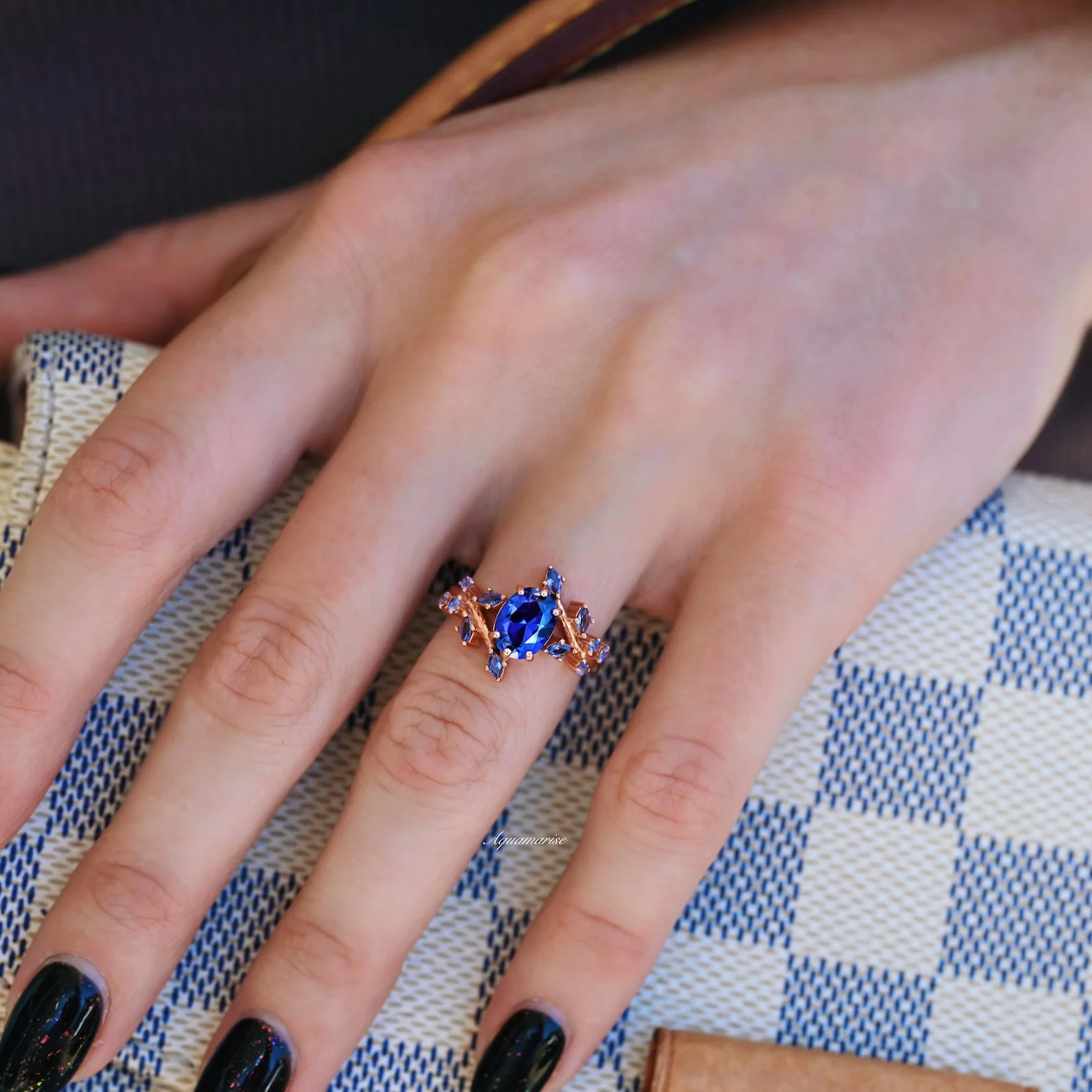 Lab-Grown Oval Cut Cornflower Sapphire Leaf Engagement Ring in 14K Solid Rose Gold - Image 4