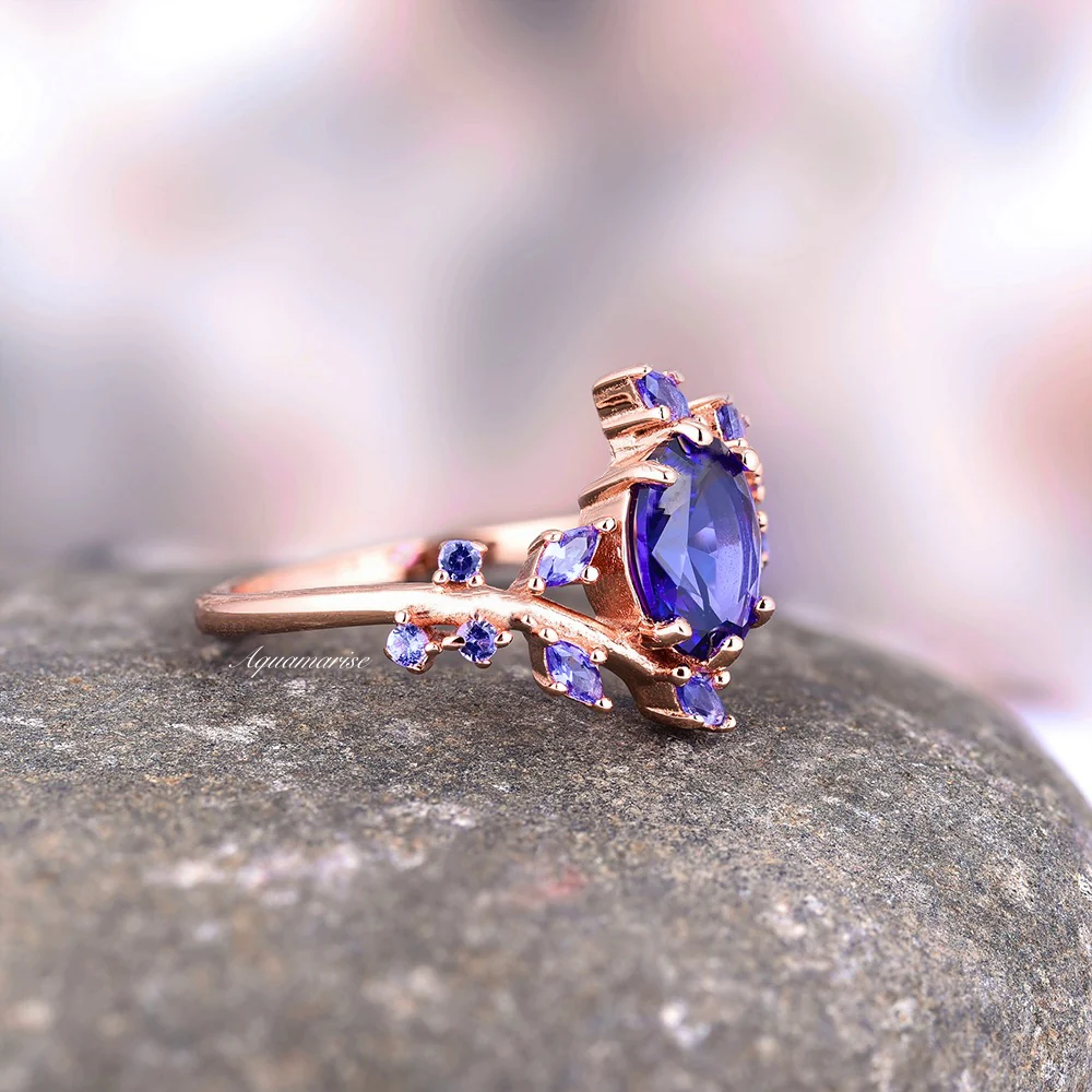 Lab-Grown Oval Cut Cornflower Sapphire Leaf Engagement Ring in 14K Solid Rose Gold - Image 6