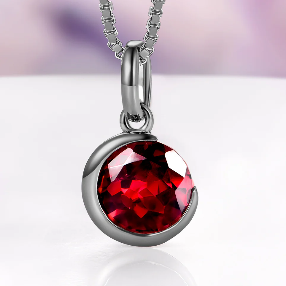 Crescent Moon Garnet Necklace in Black Ruthenium