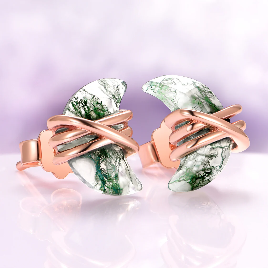 Crescent Moon Green Moss Agate Wire Stud Earrings in 14K Rose Gold Vermeil - Image 2