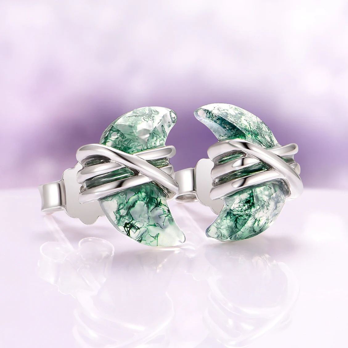 Crescent Moon Green Moss Agate Wire Stud Earrings in Sterling Silver - Image 2