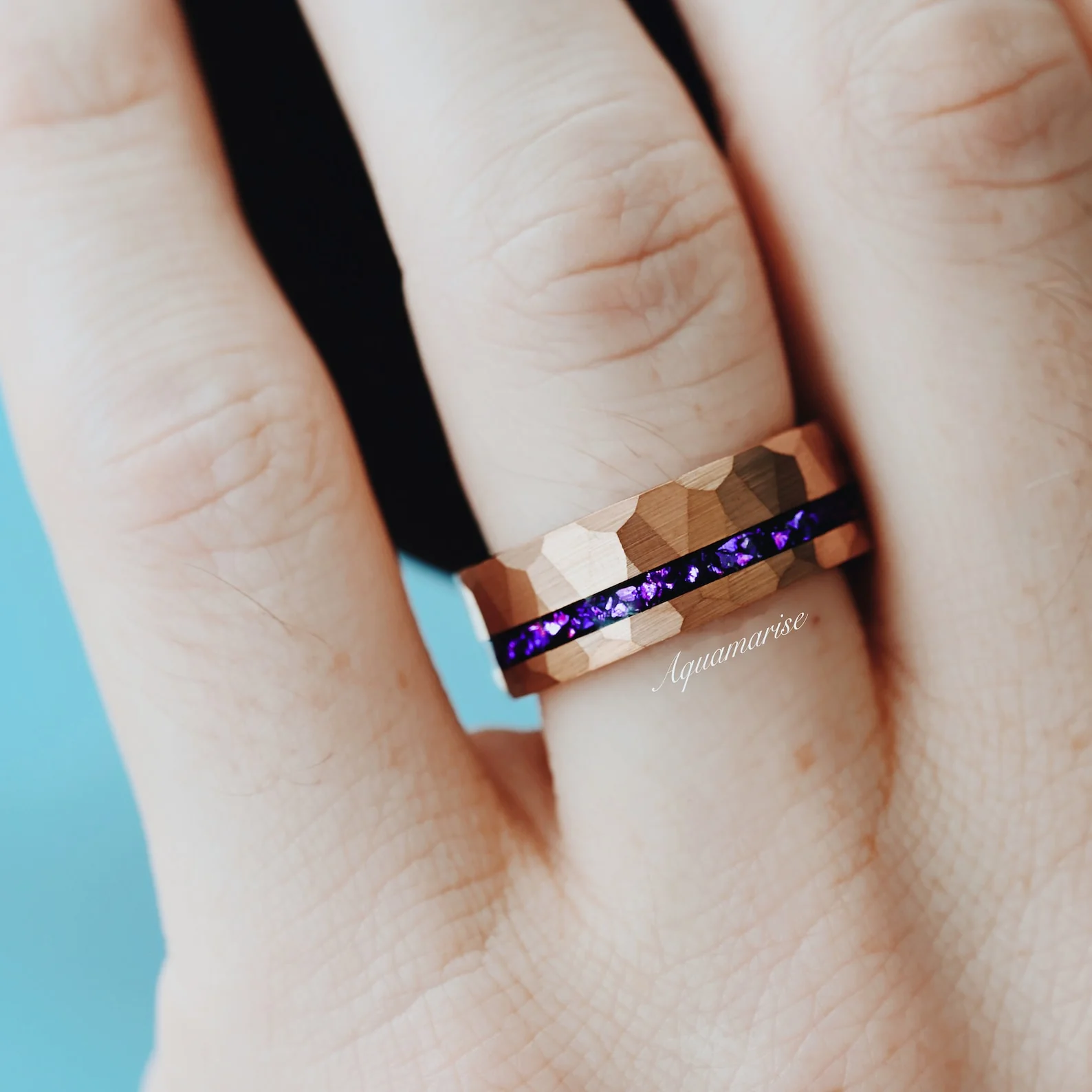Crushed Amethyst Hammered Wedding Band in Rose Gold Tungsten Carbide (8mm) - Image 4