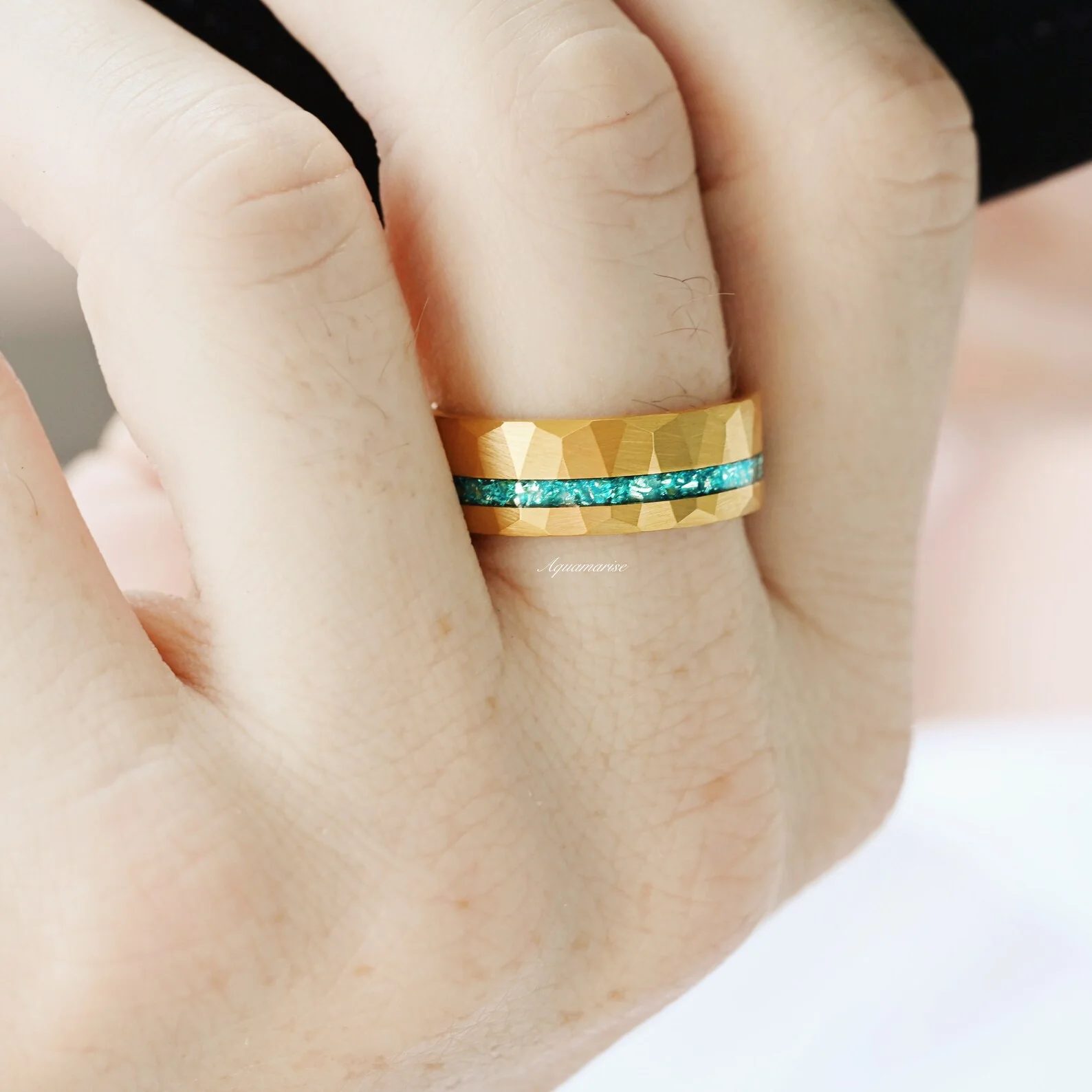 Crushed Aquamarine Wedding Band- Gold Tungsten - Image 2