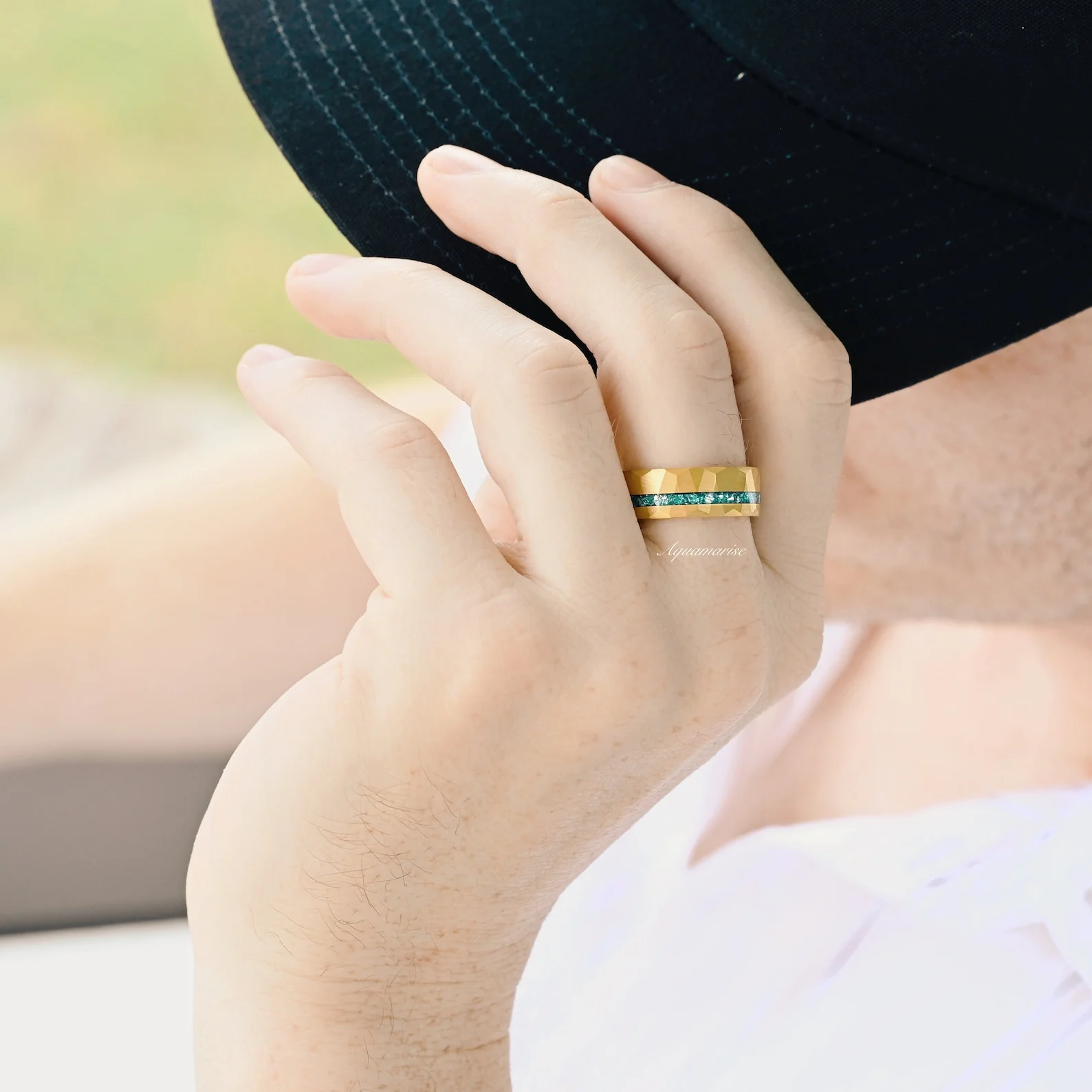 Crushed Aquamarine Wedding Band- Gold Tungsten - Image 3