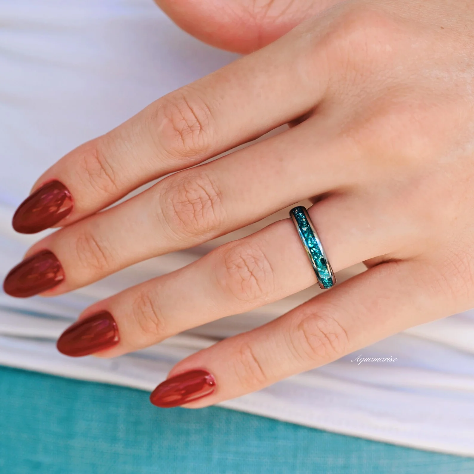 Crushed Aquamarine Wedding Band- 4MM Tungsten - Image 4