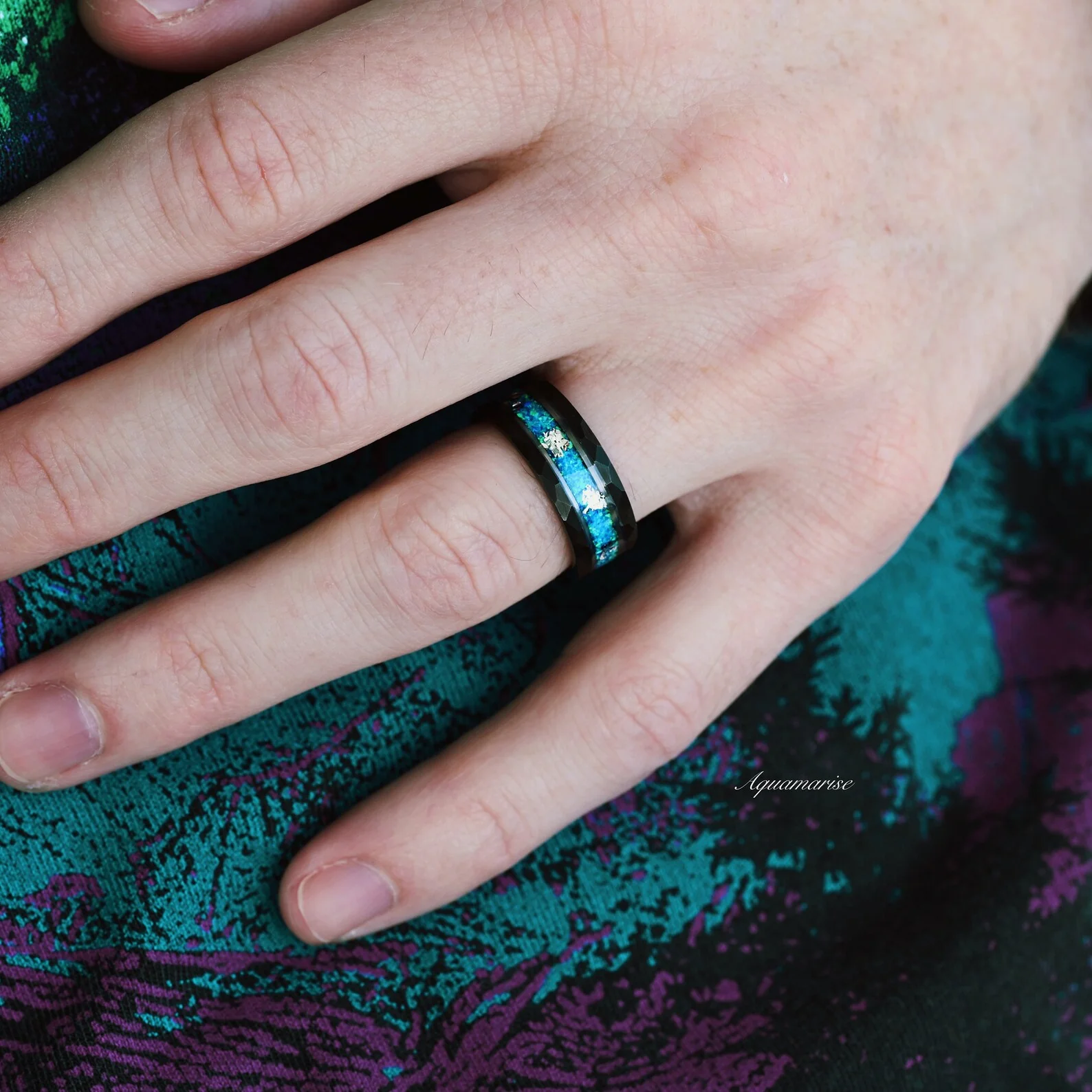 Blue Fire Opal Wedding Band- 8MM Black Tungsten - Image 2