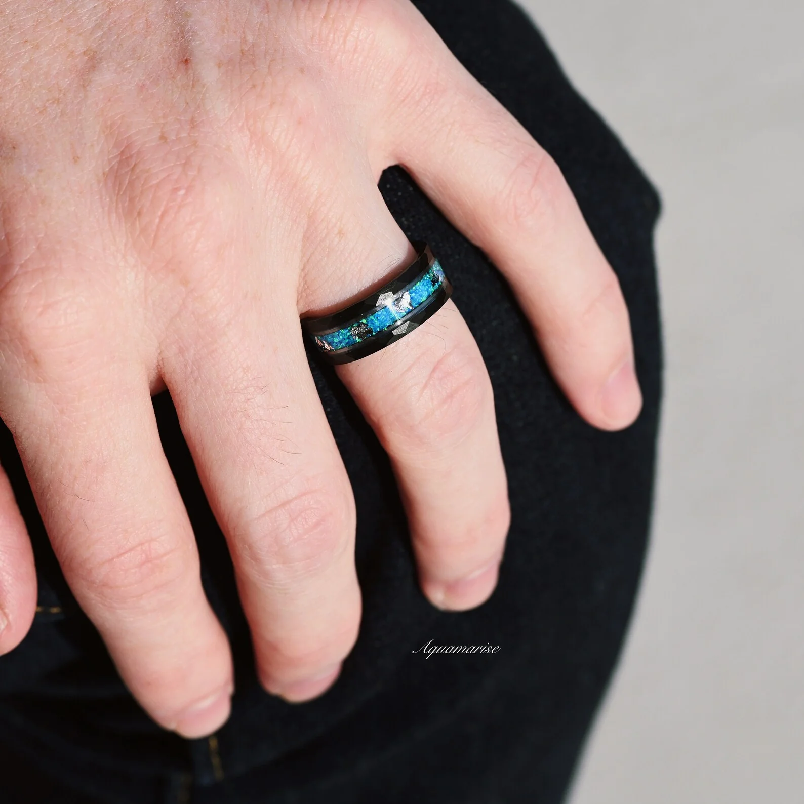 Blue Fire Opal Wedding Band- 8MM Black Tungsten - Image 3