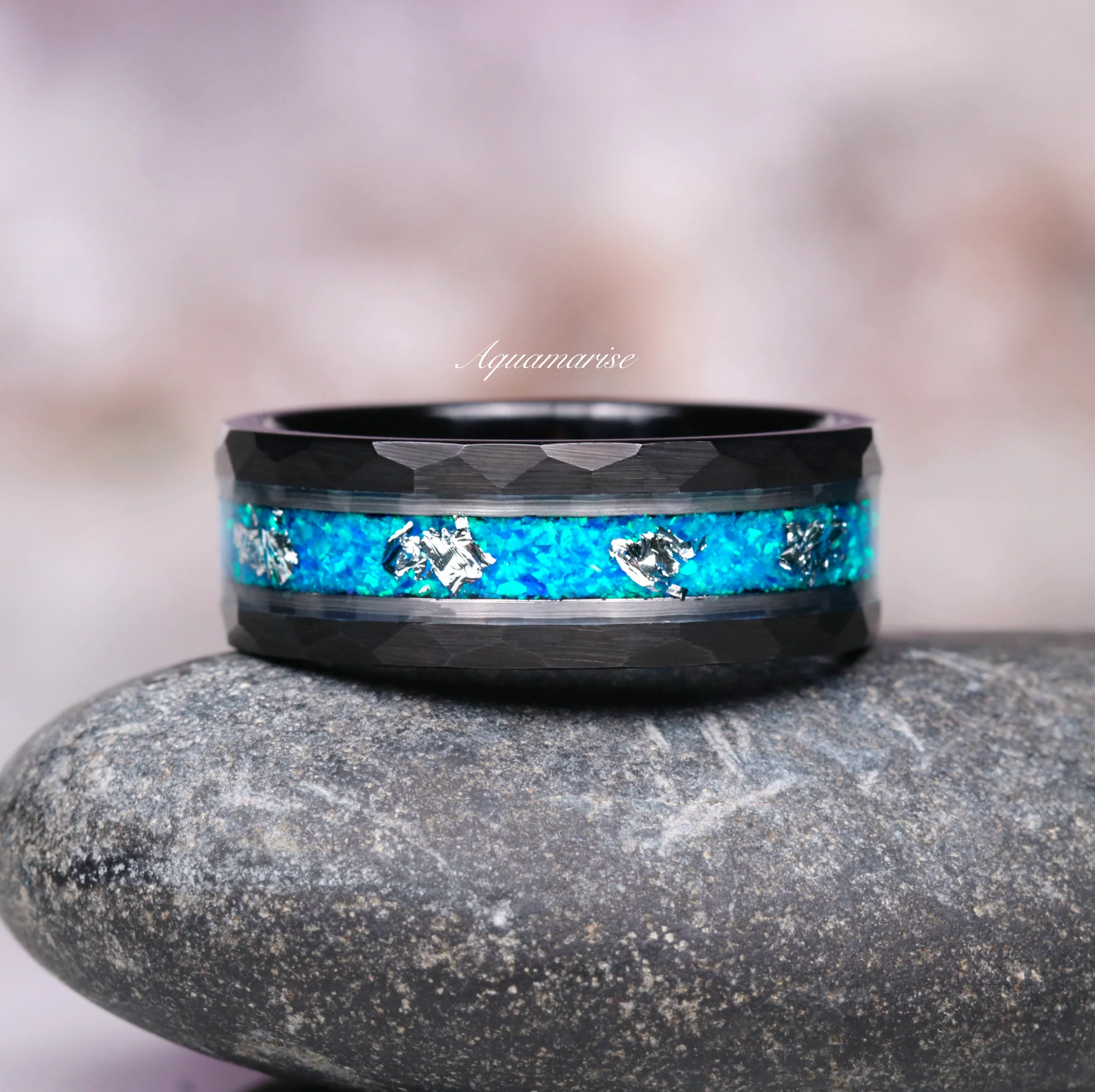 Blue Fire Opal Wedding Band- 8MM Black Tungsten - Image 4