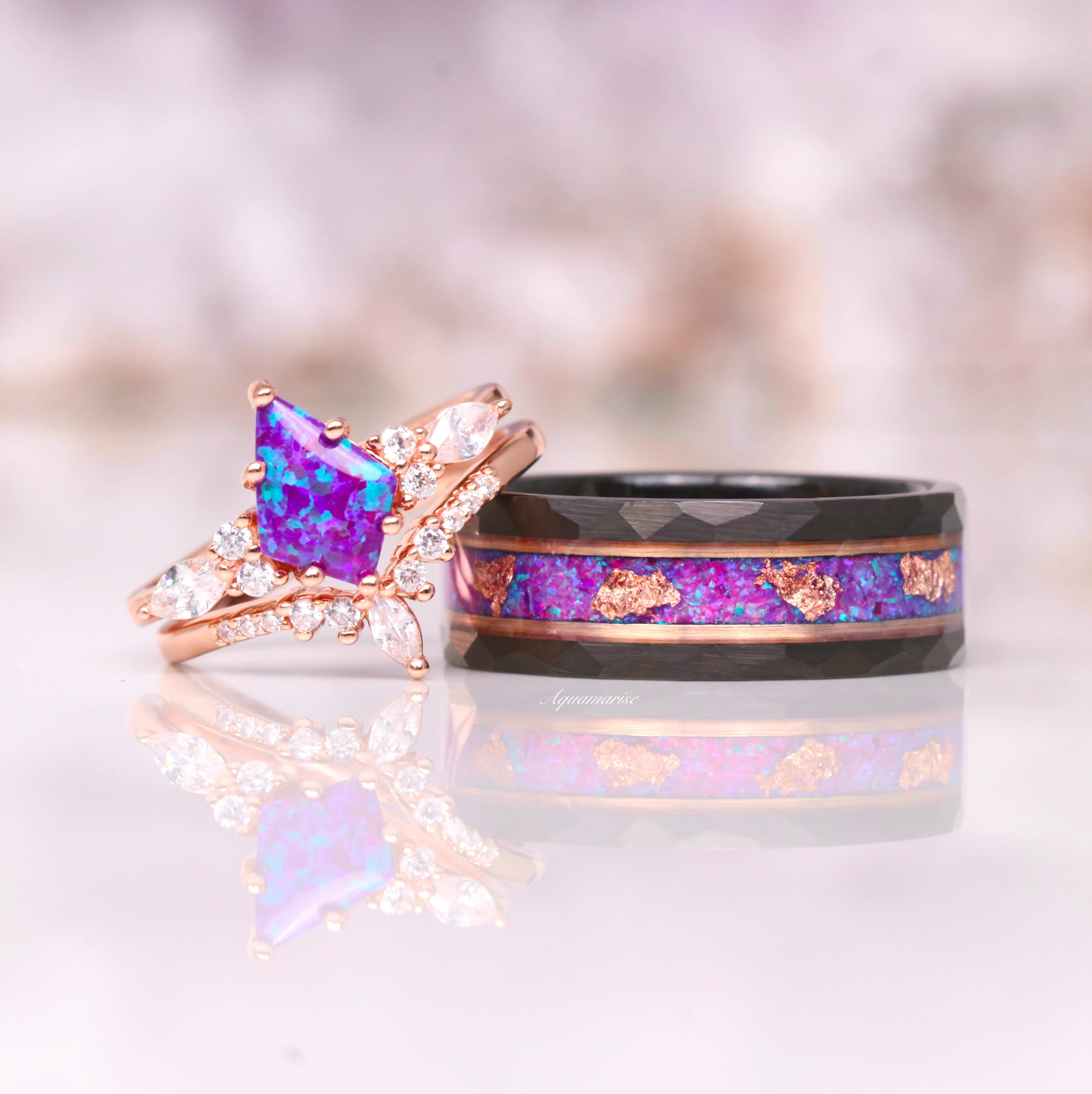 Purple Fire Opal & Rose Gold Leaf Band - 8MM Black Tungsten Carbide - Image 3