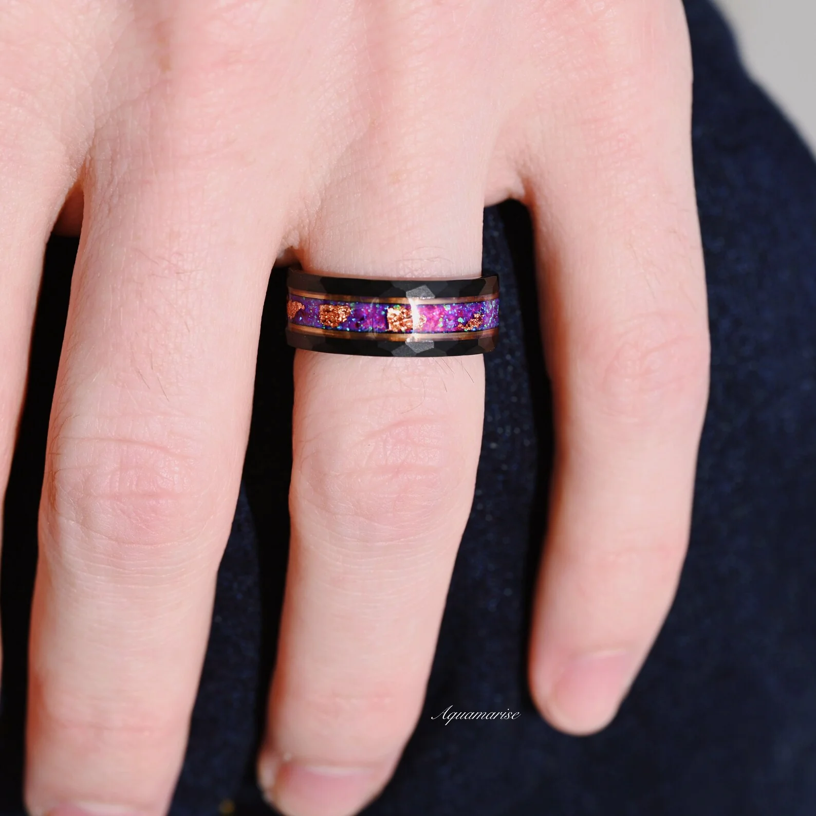 Purple Fire Opal & Rose Gold Leaf Band - 8MM Black Tungsten Carbide - Image 4